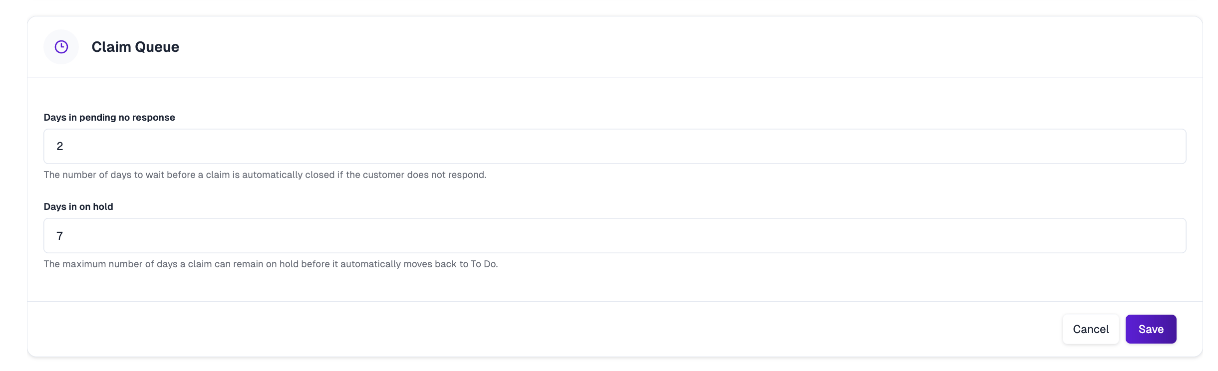 Claim Queue settings panel