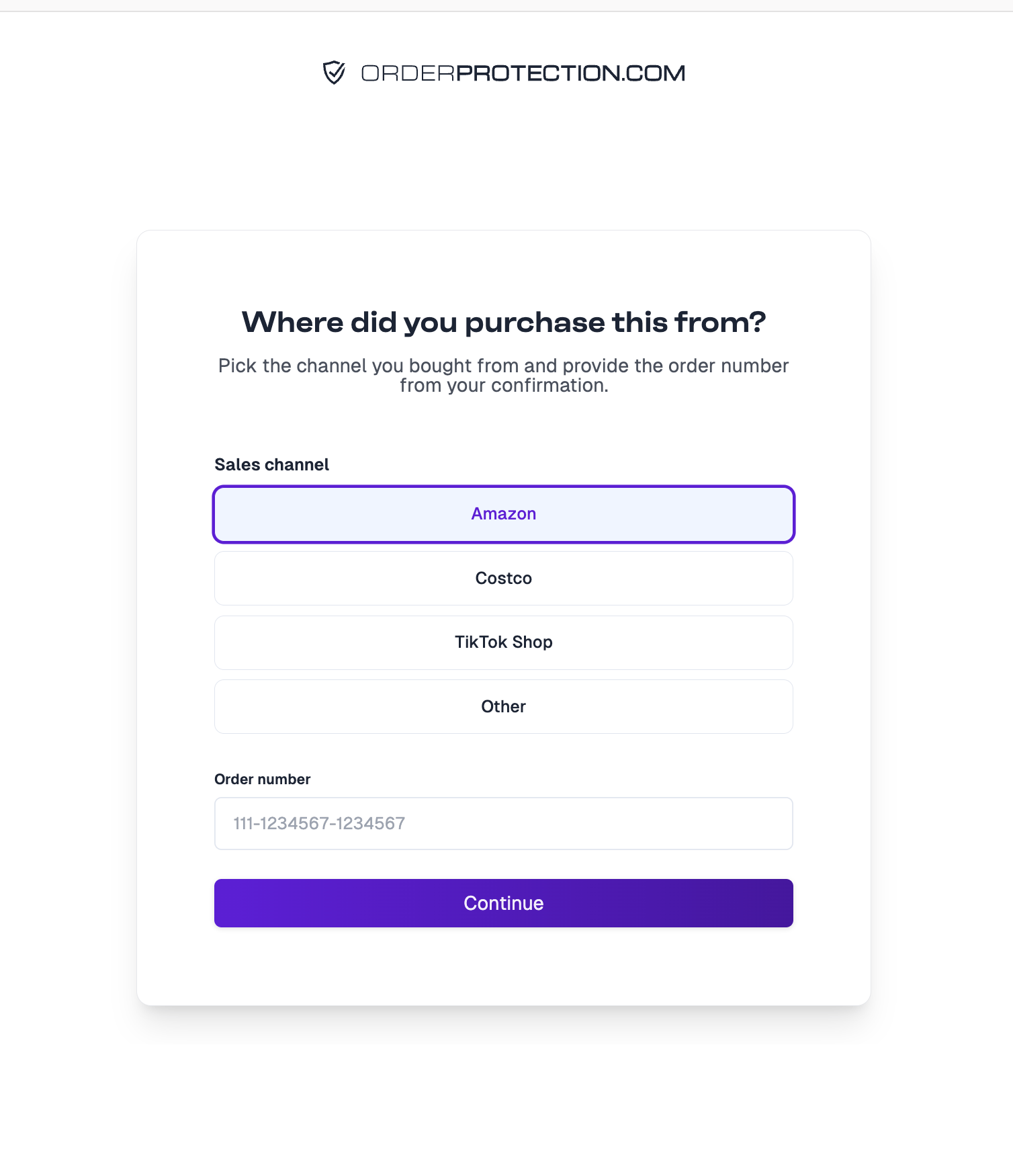 Customer view of the sales channel selection screen