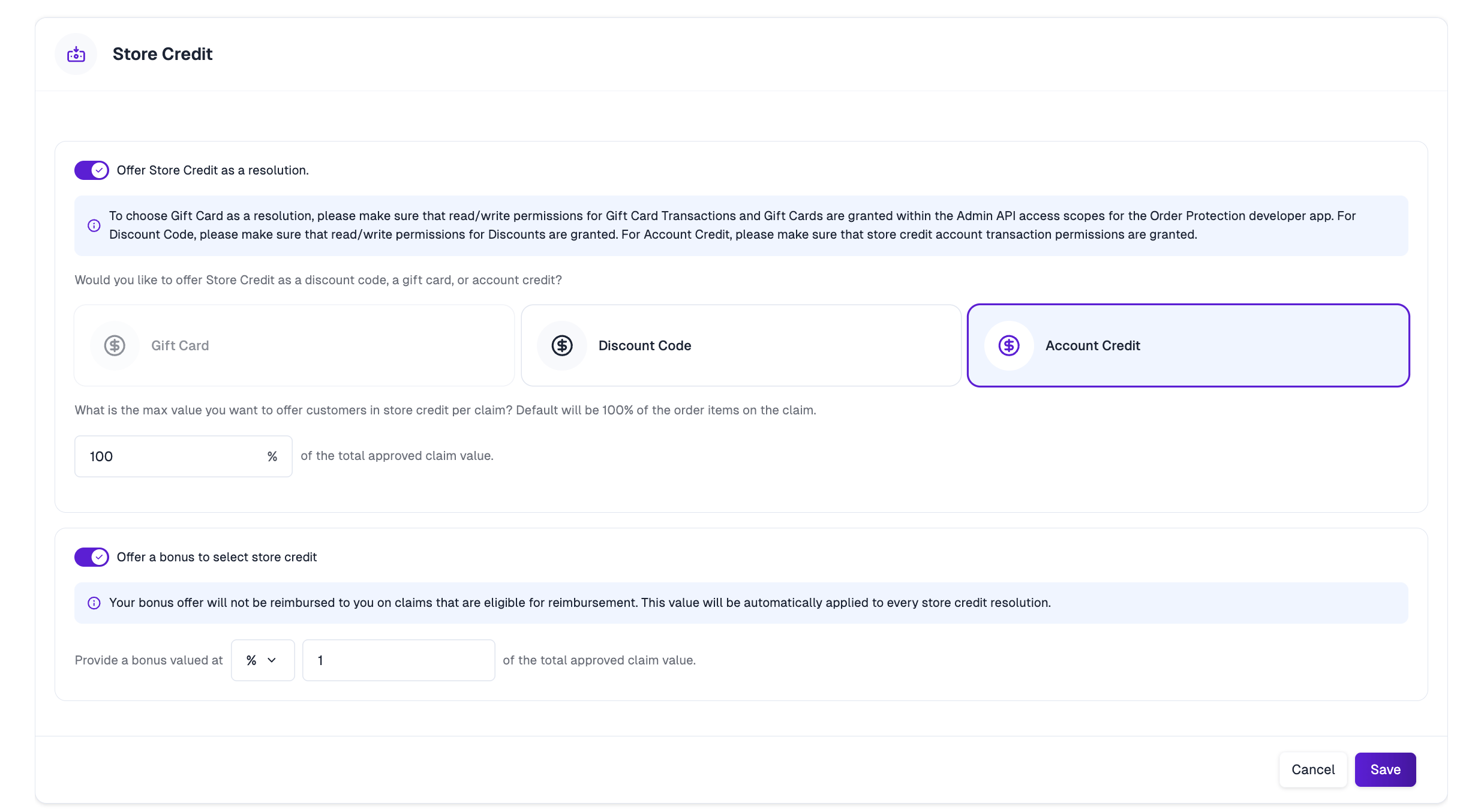 Store Credit settings panel