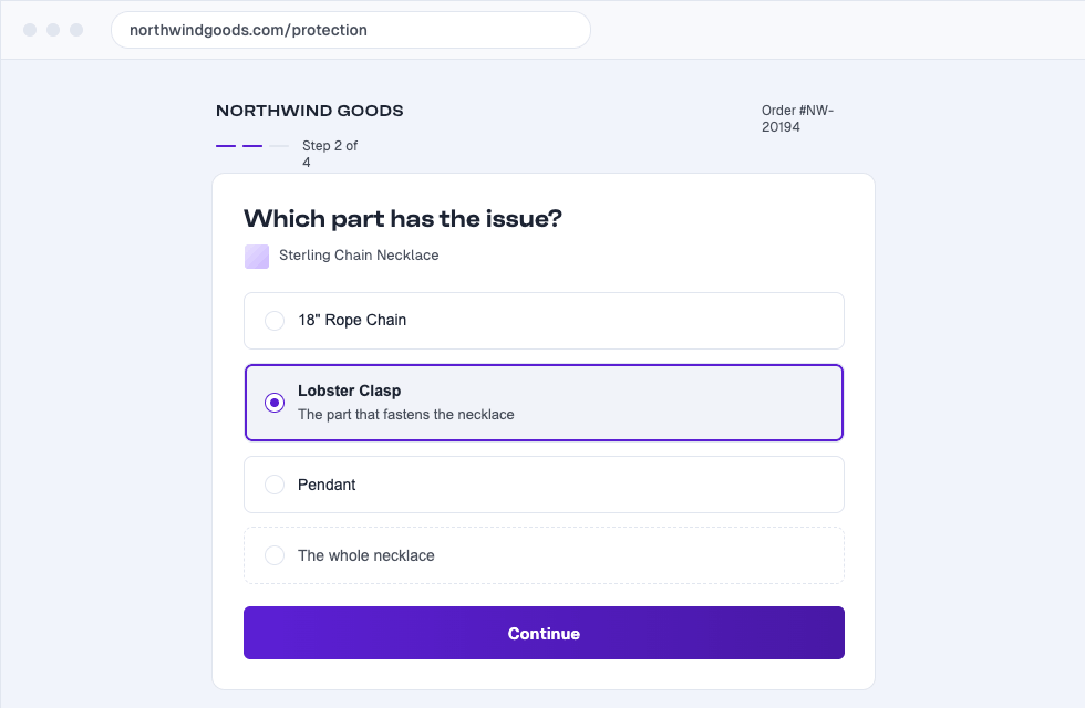 Customer choosing which part of a product has an issue