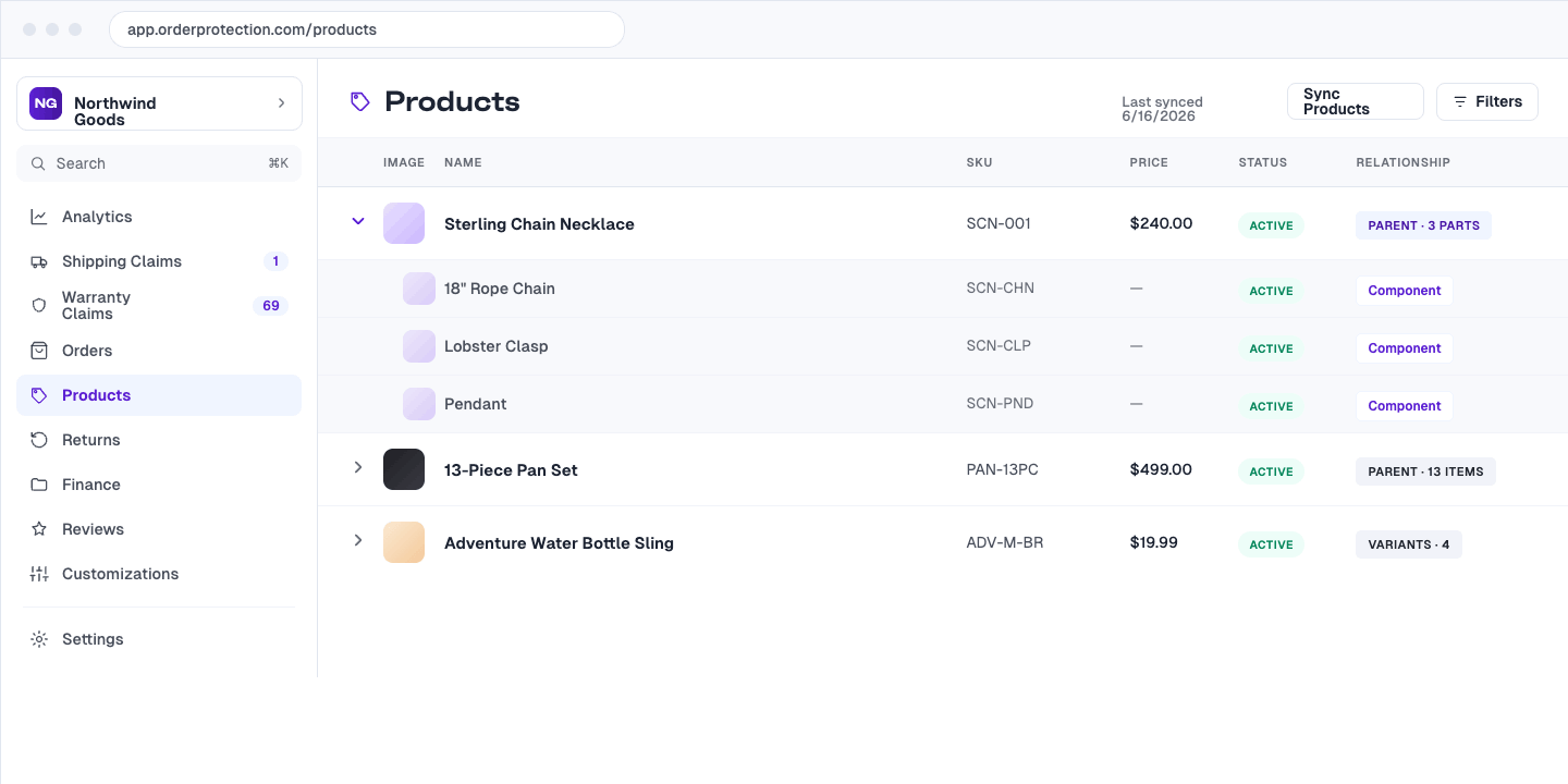 Products dashboard showing component relationships