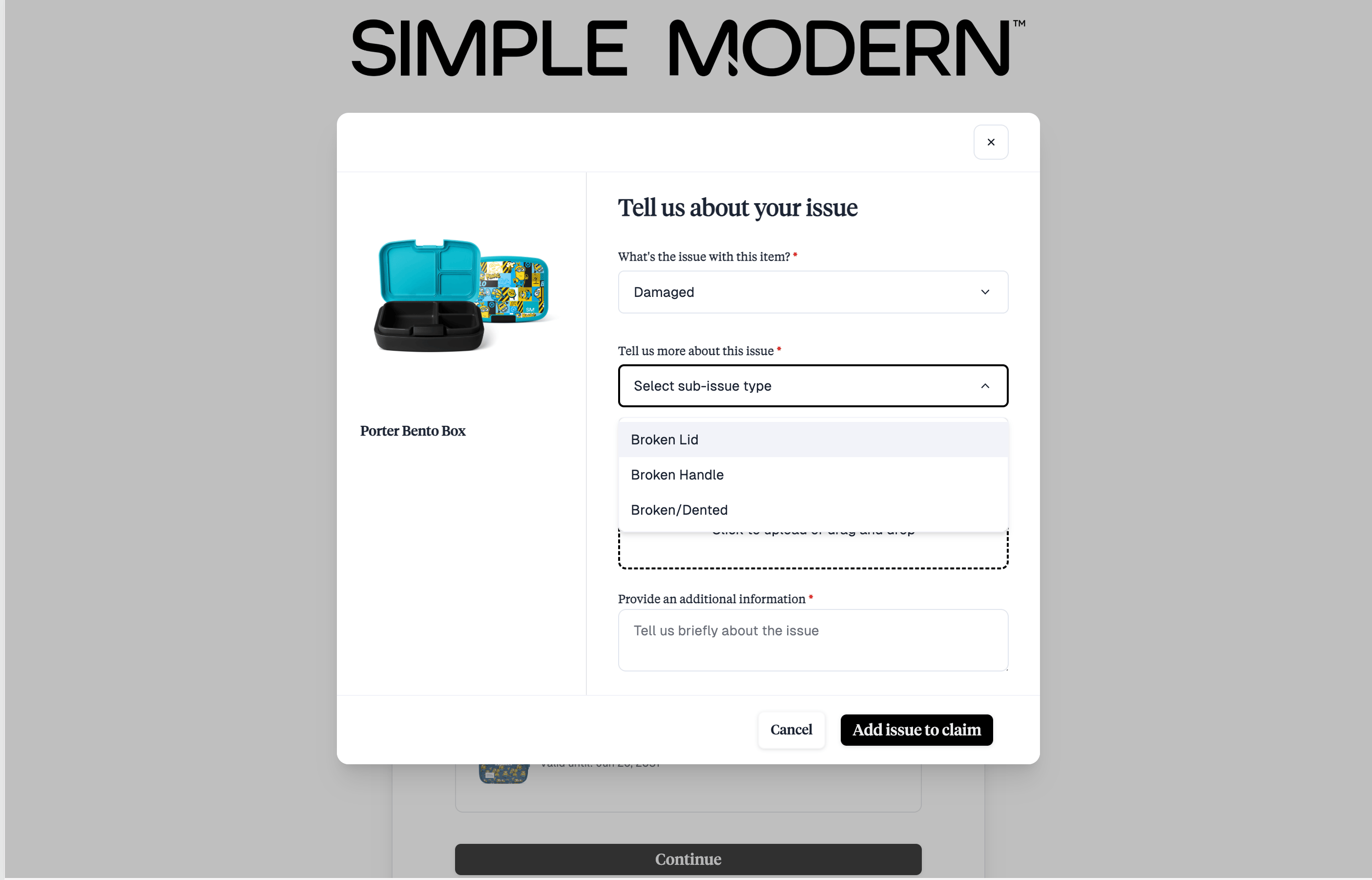 Customer selecting an issue type and sub-issue type