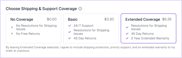 Checkout coverage tiers including extended warranty