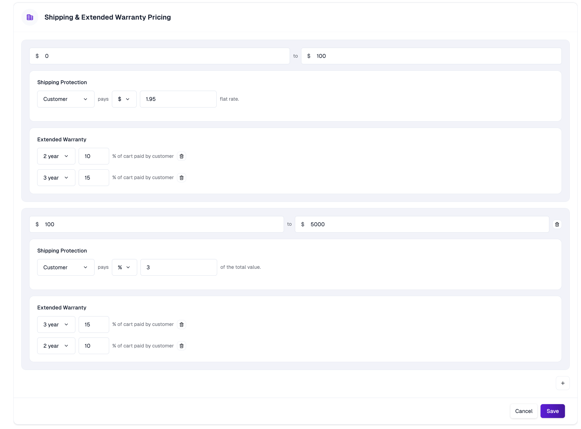 Shipping and extended warranty pricing tiers