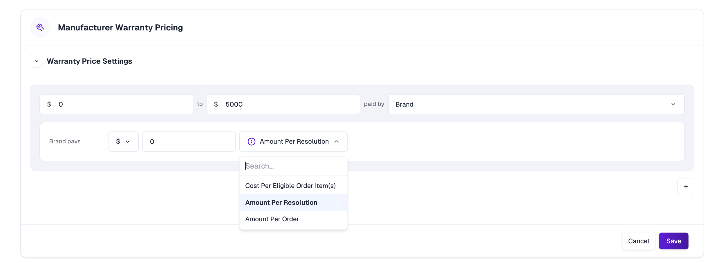 Manufacturer warranty pricing settings