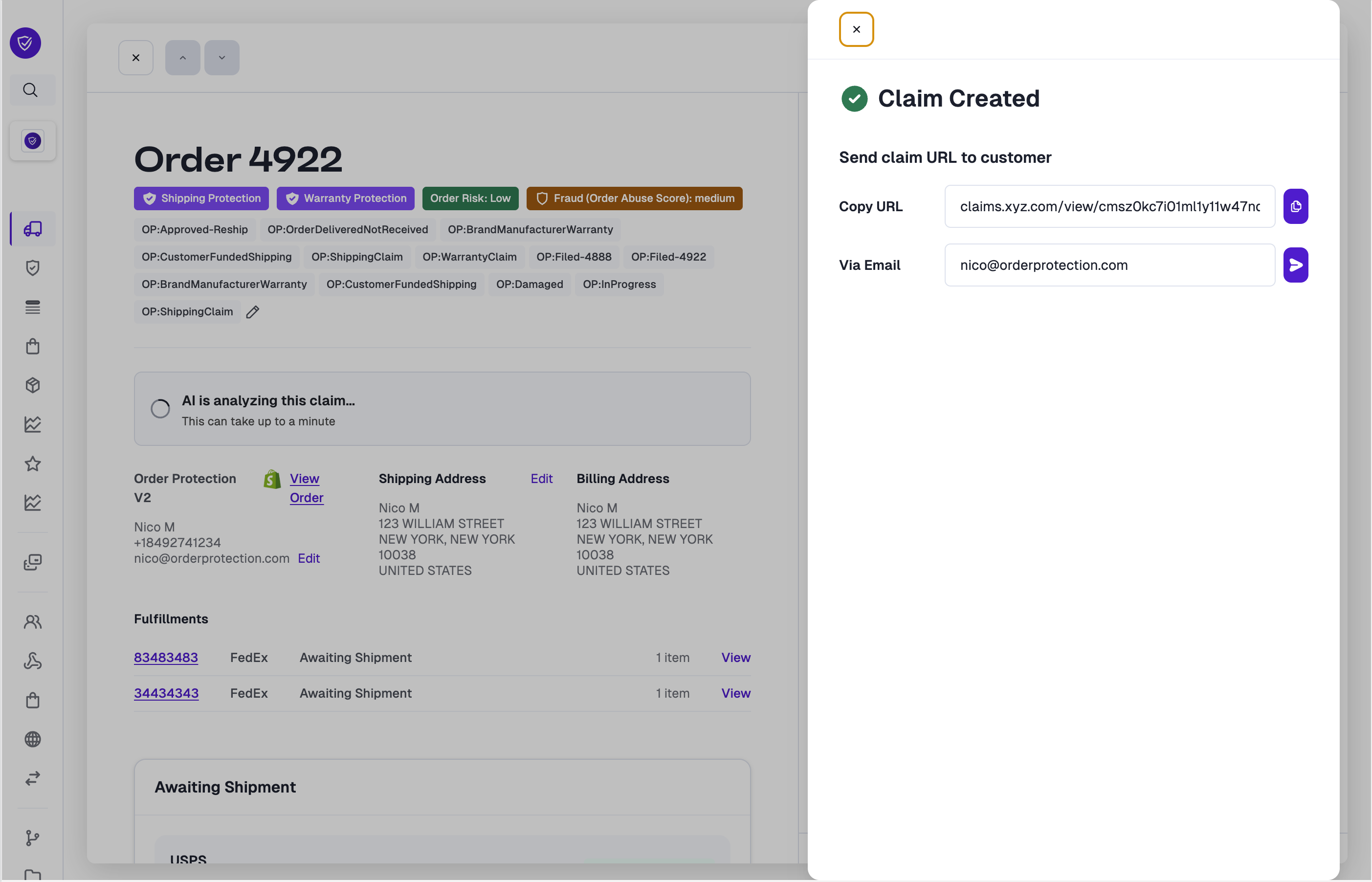 Claim created confirmation with a shareable URL