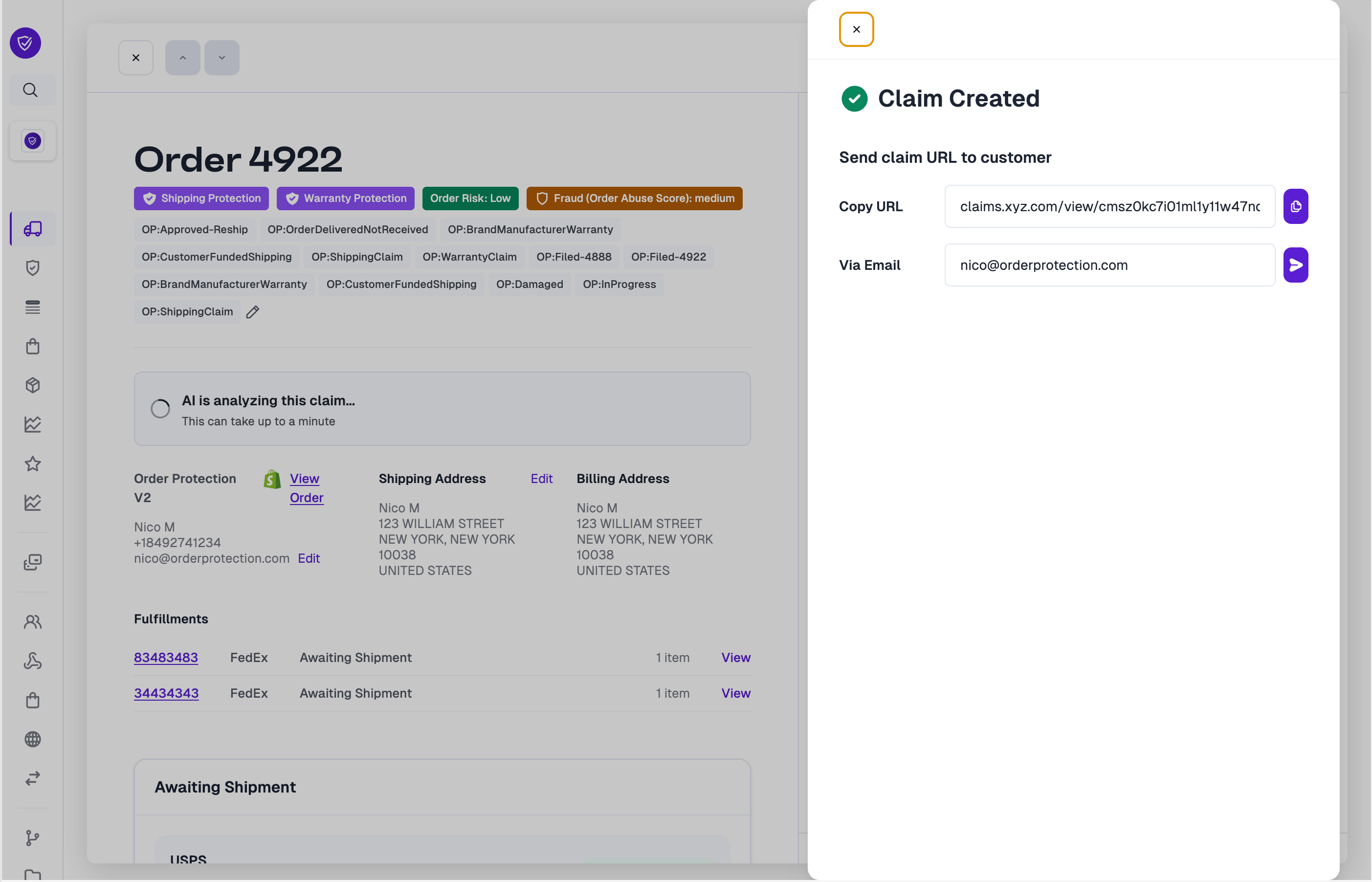 Claim created confirmation with a shareable URL