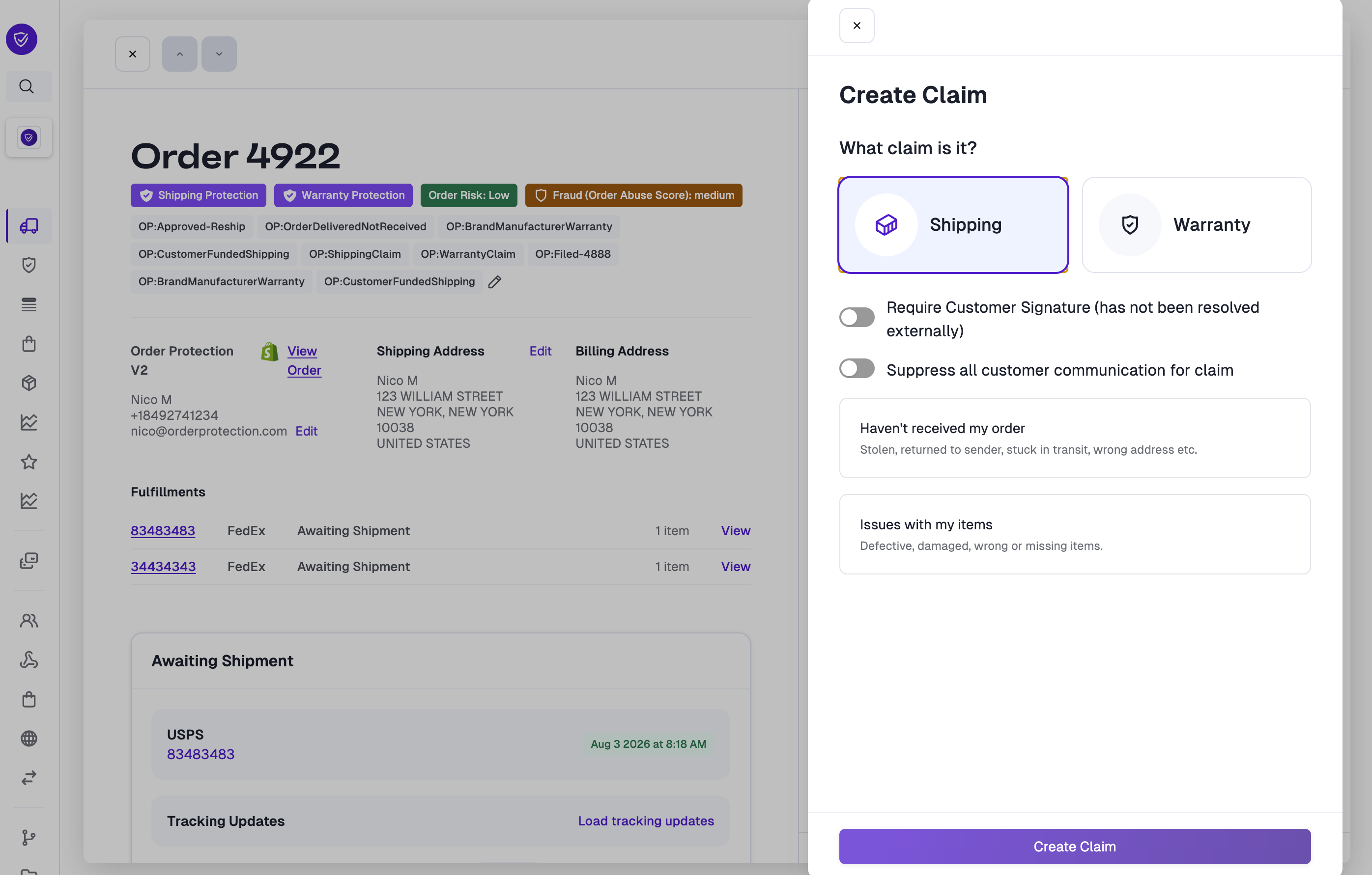 Signature and communication toggles when creating a claim