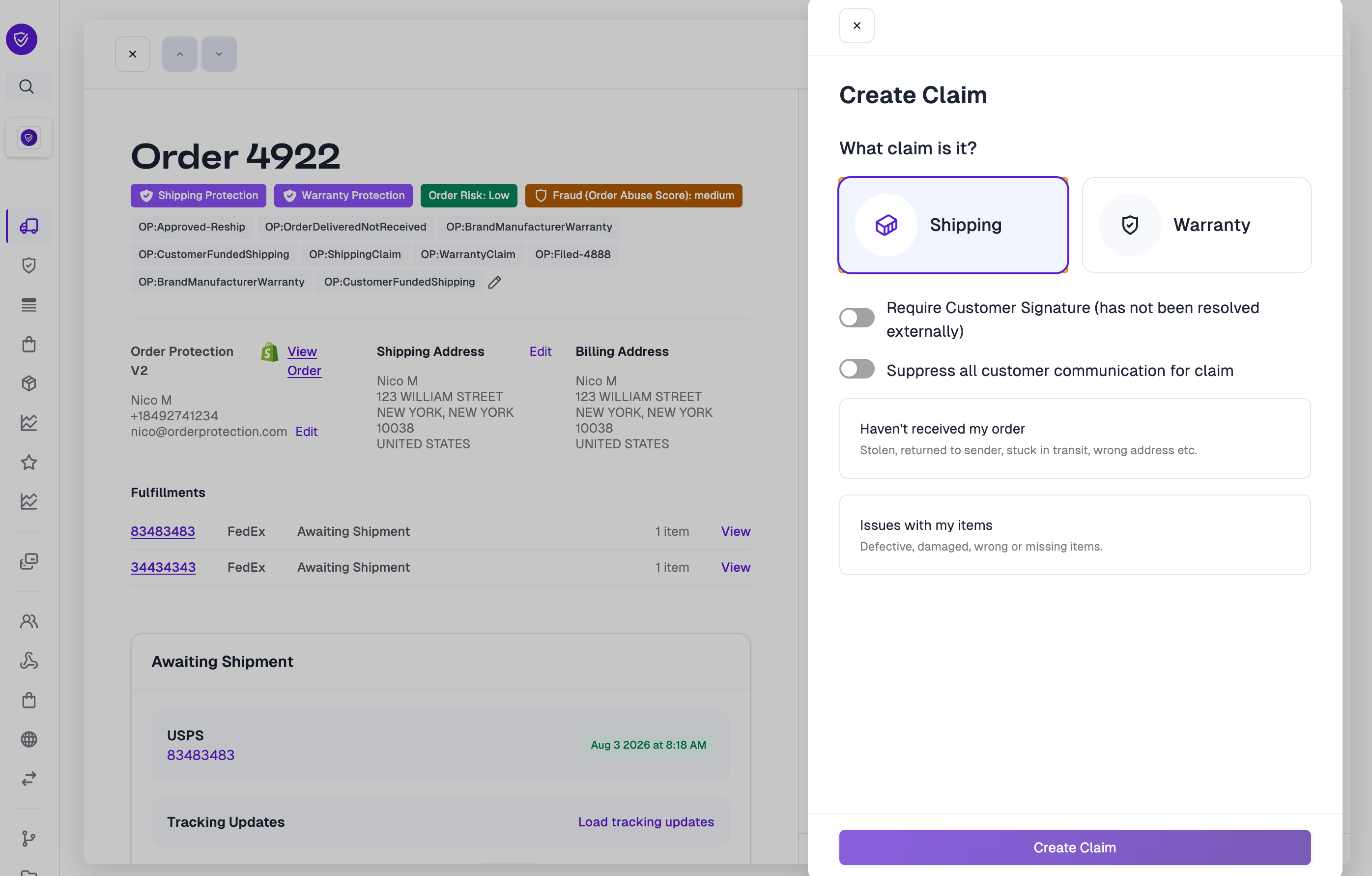 Signature and communication toggles when creating a claim
