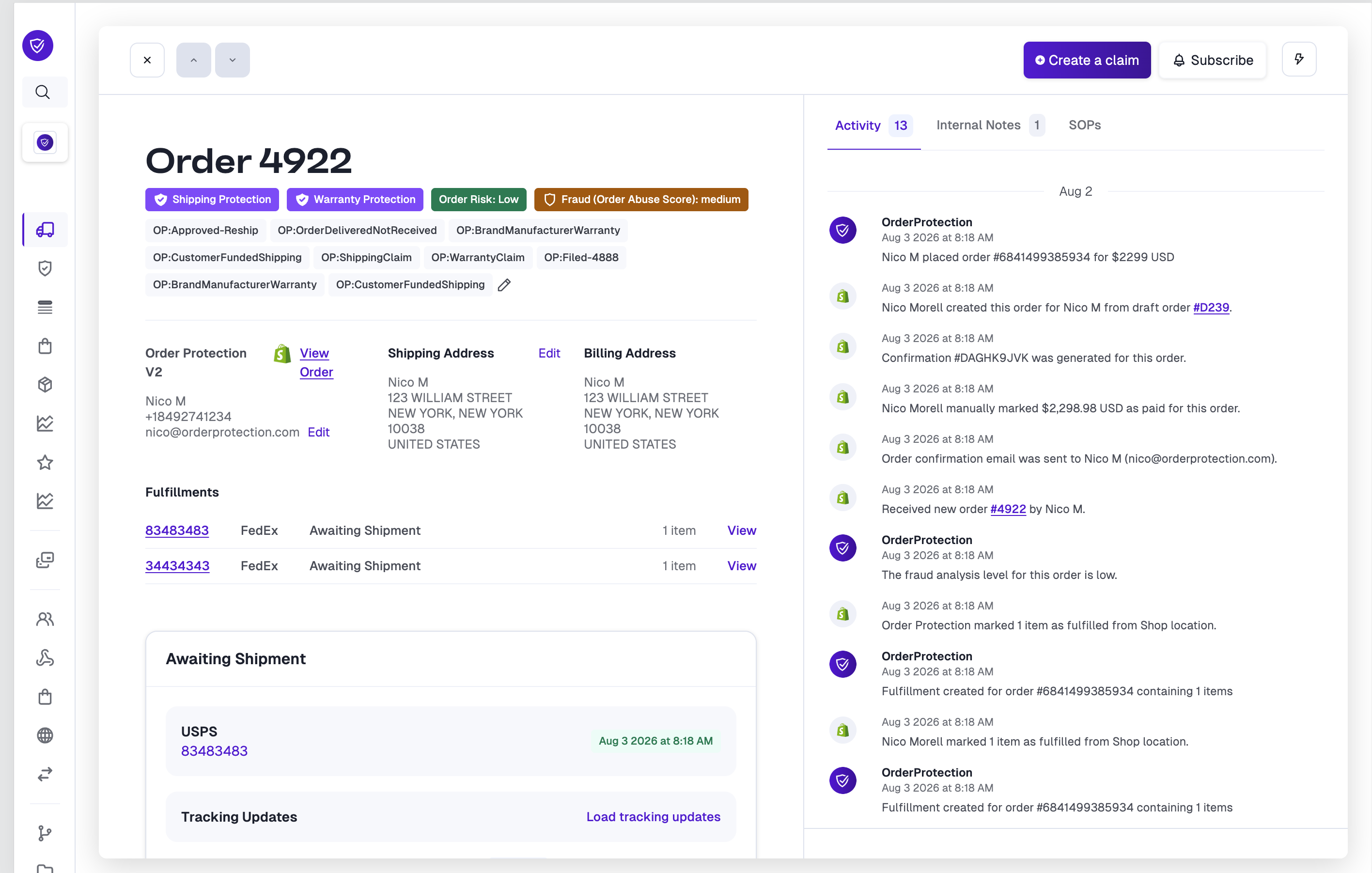 Create a claim button on the order page