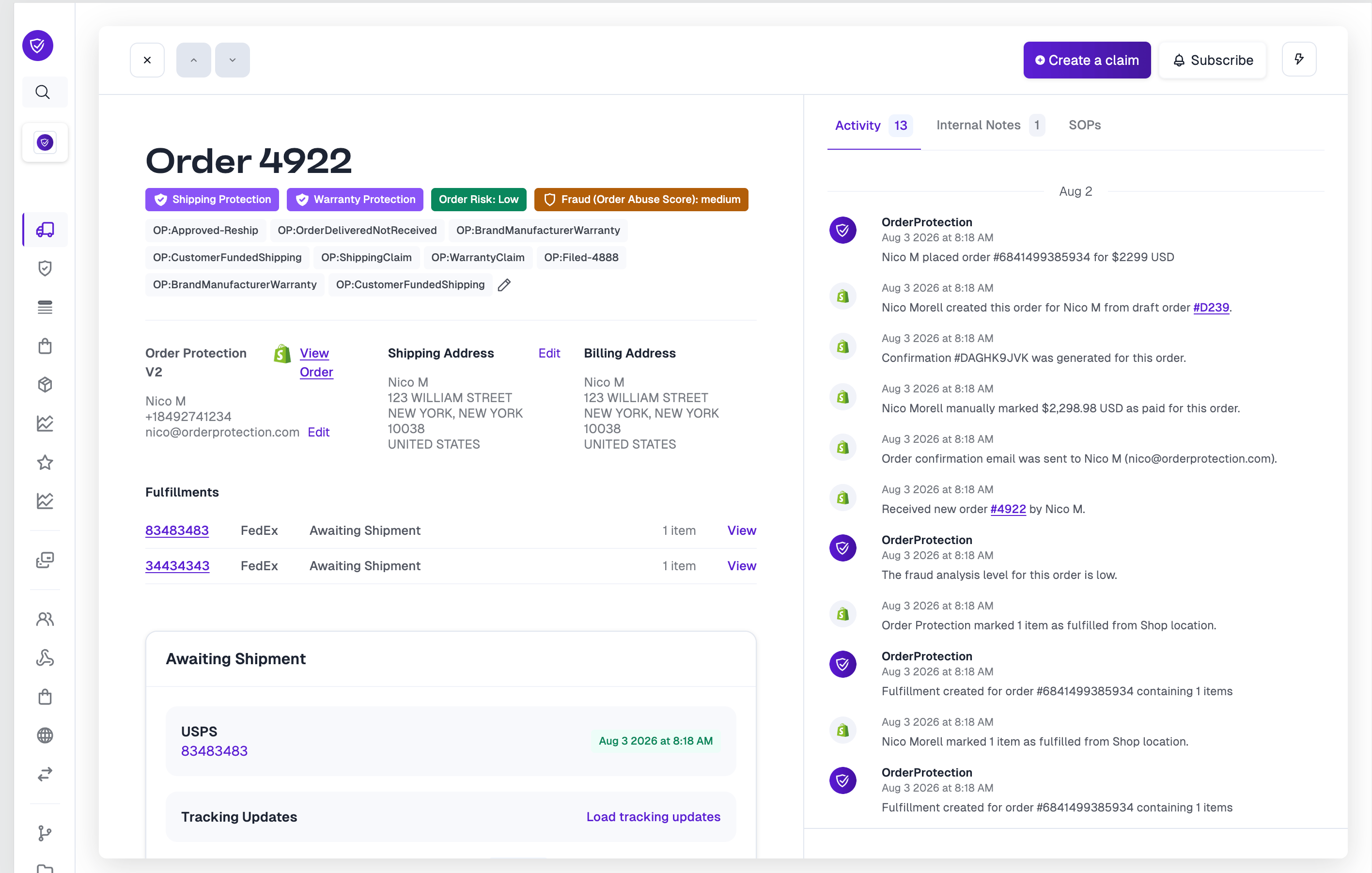 Create a claim button on the order page