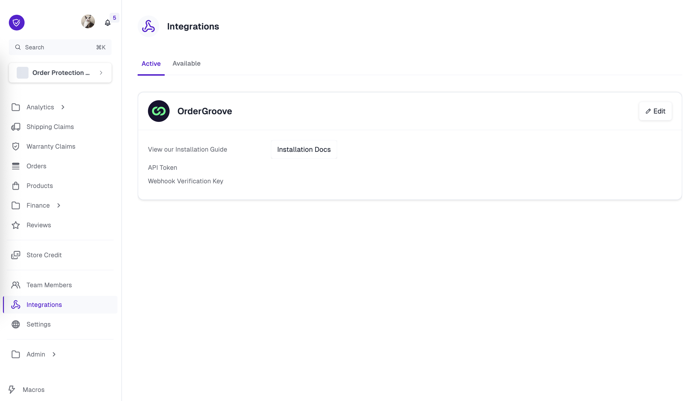 ordergroove api token in op app