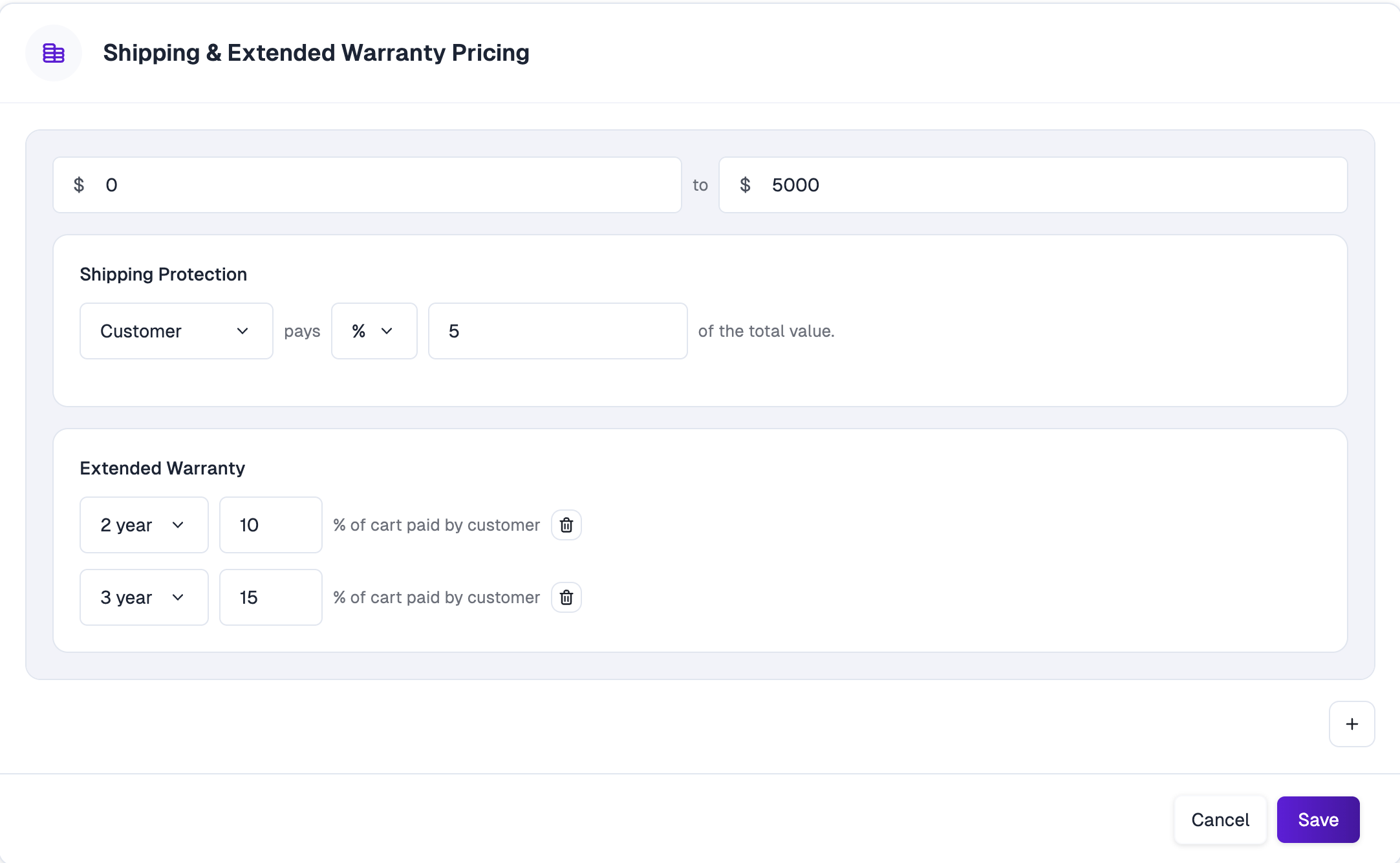 Shipping and extended warranty pricing tiers