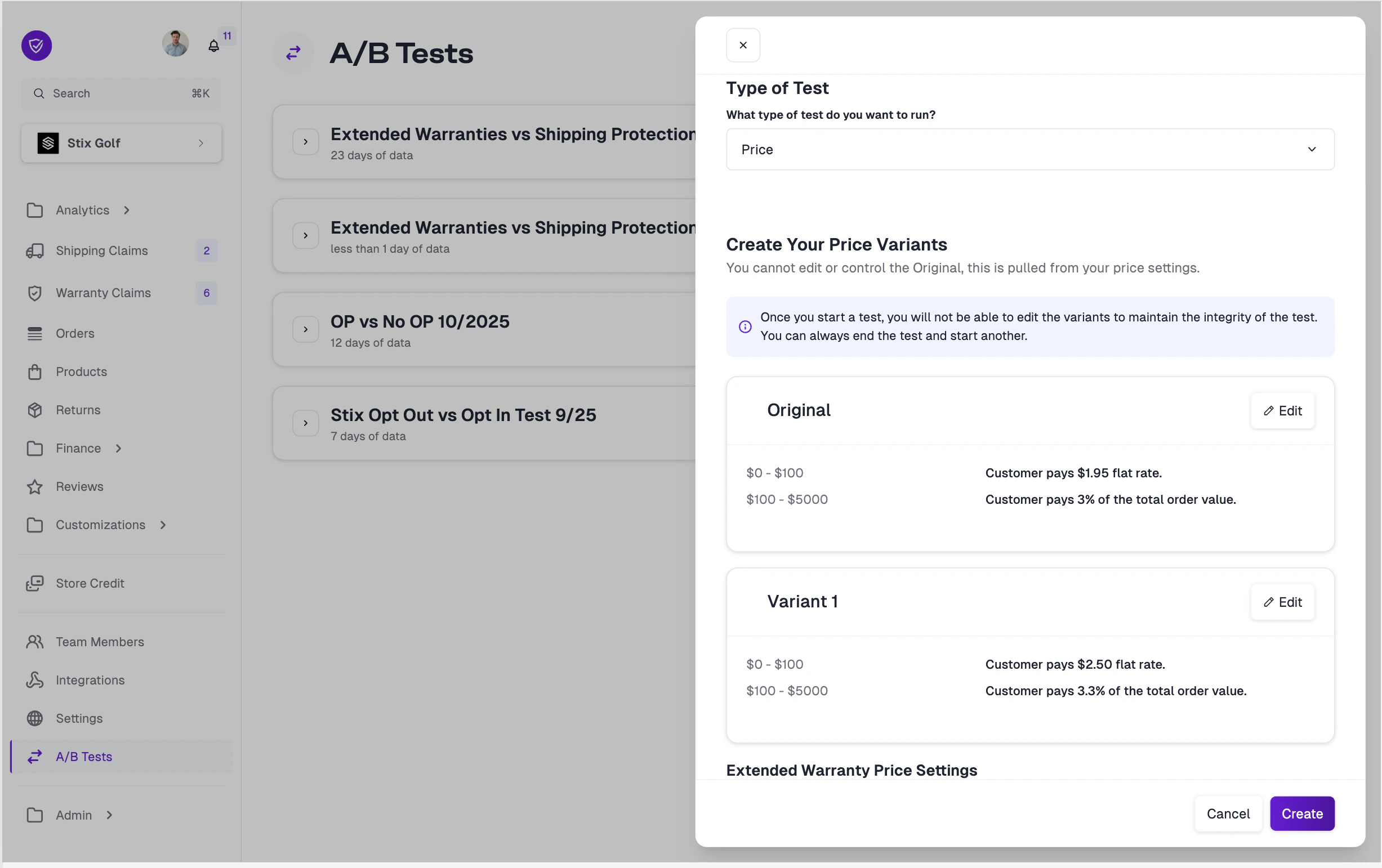 Configuring a pricing A/B test
