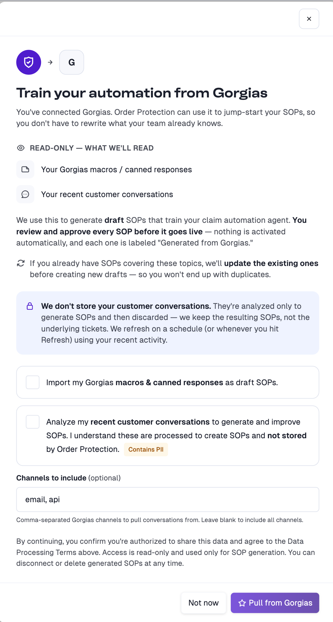 Gorgias consent screen for SOP generation