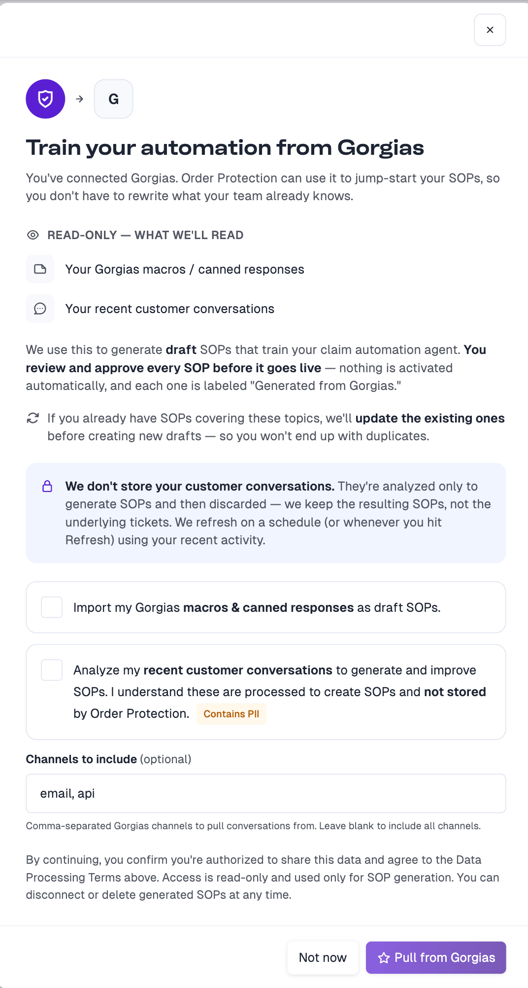 Gorgias consent screen for SOP generation
