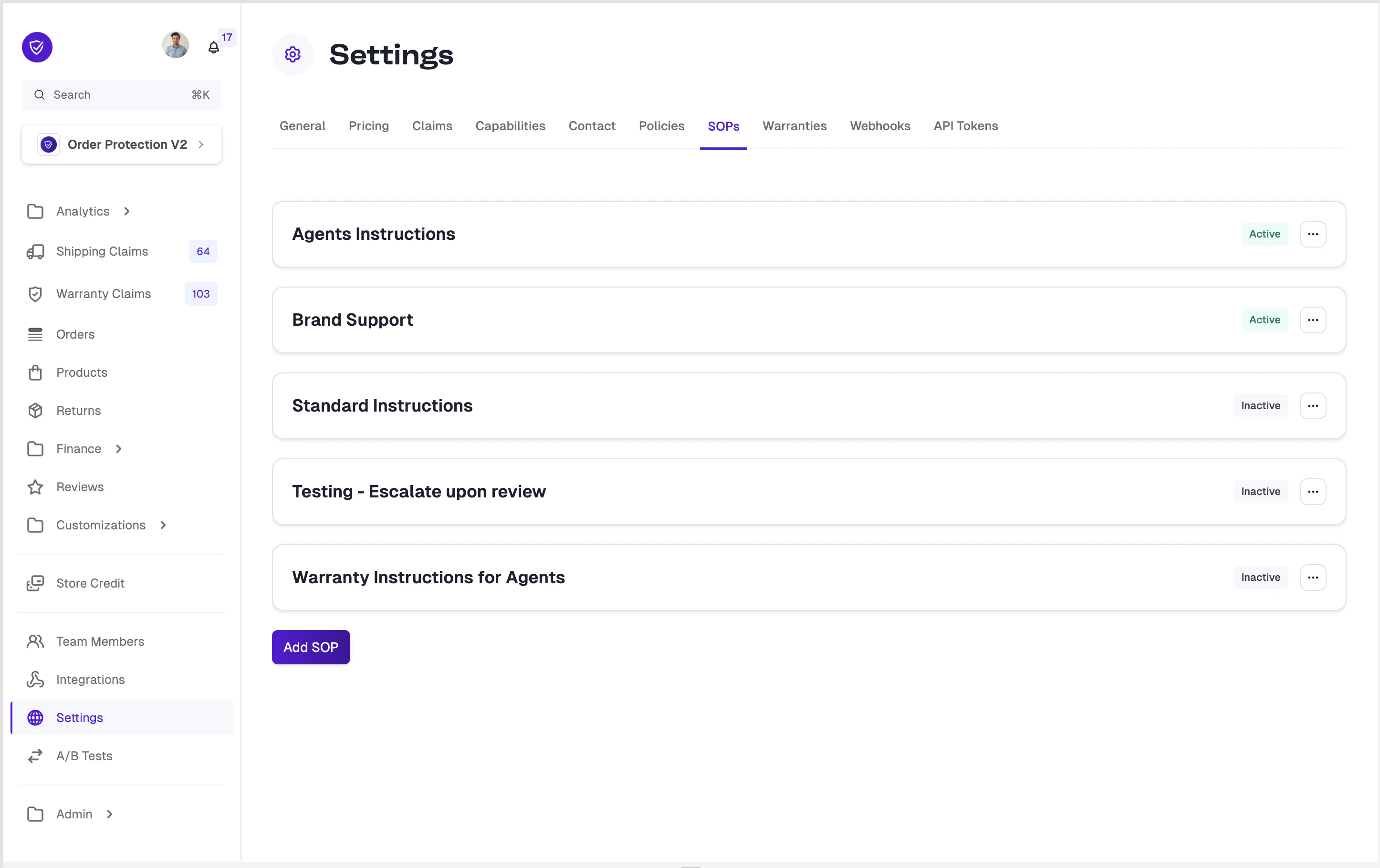 SOP settings page