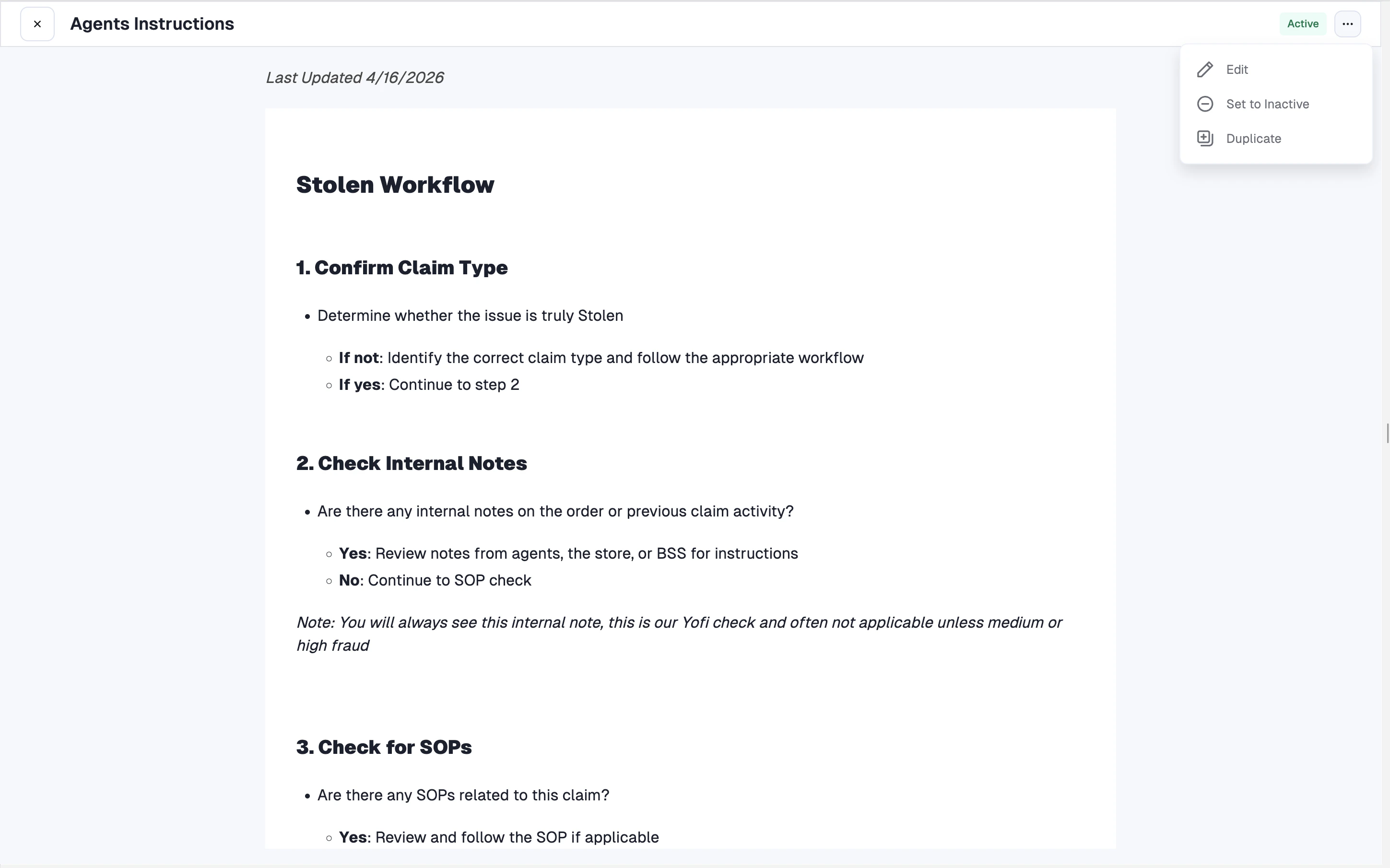 Viewing an SOP with the action menu