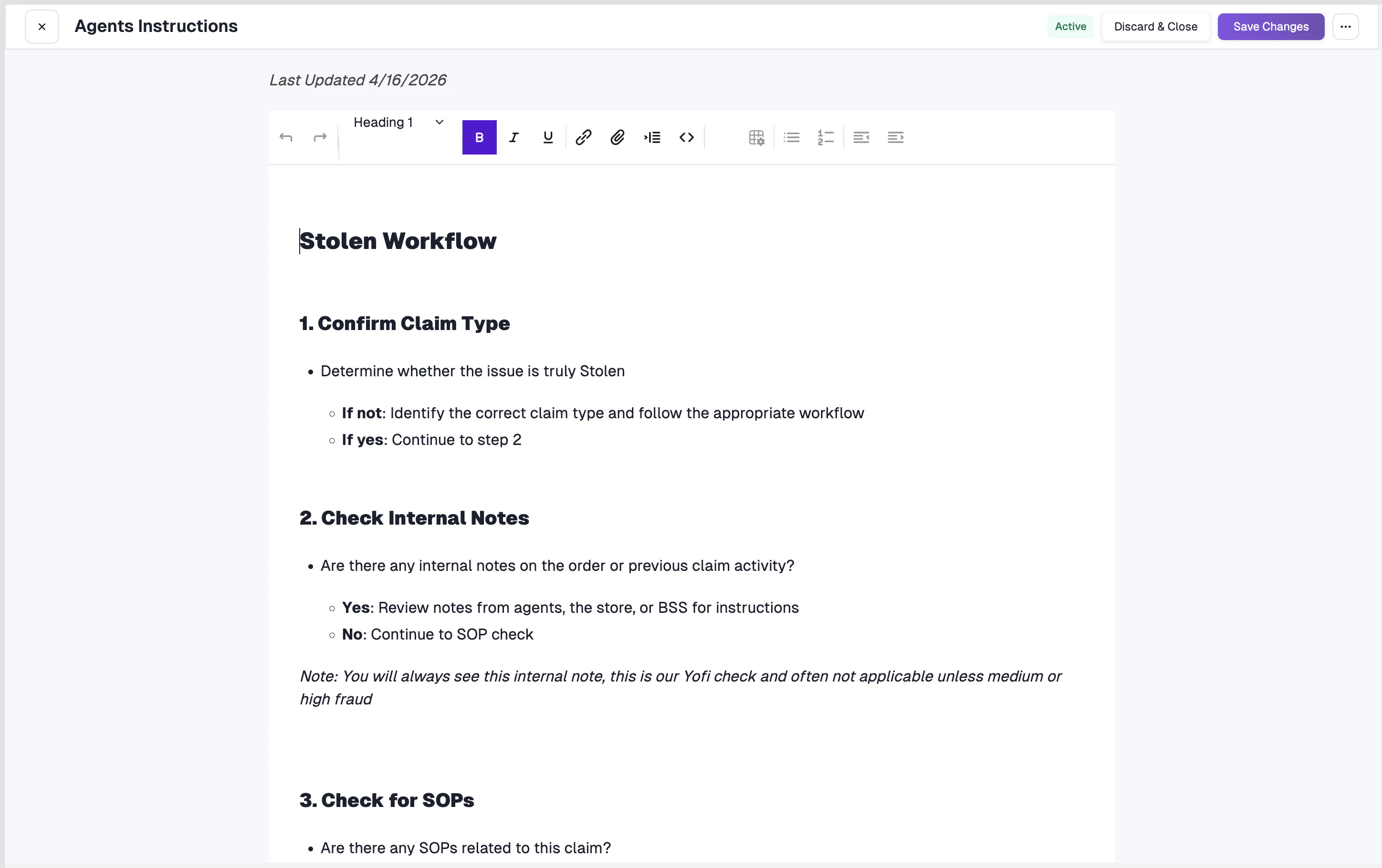 Editing an SOP with the rich text editor