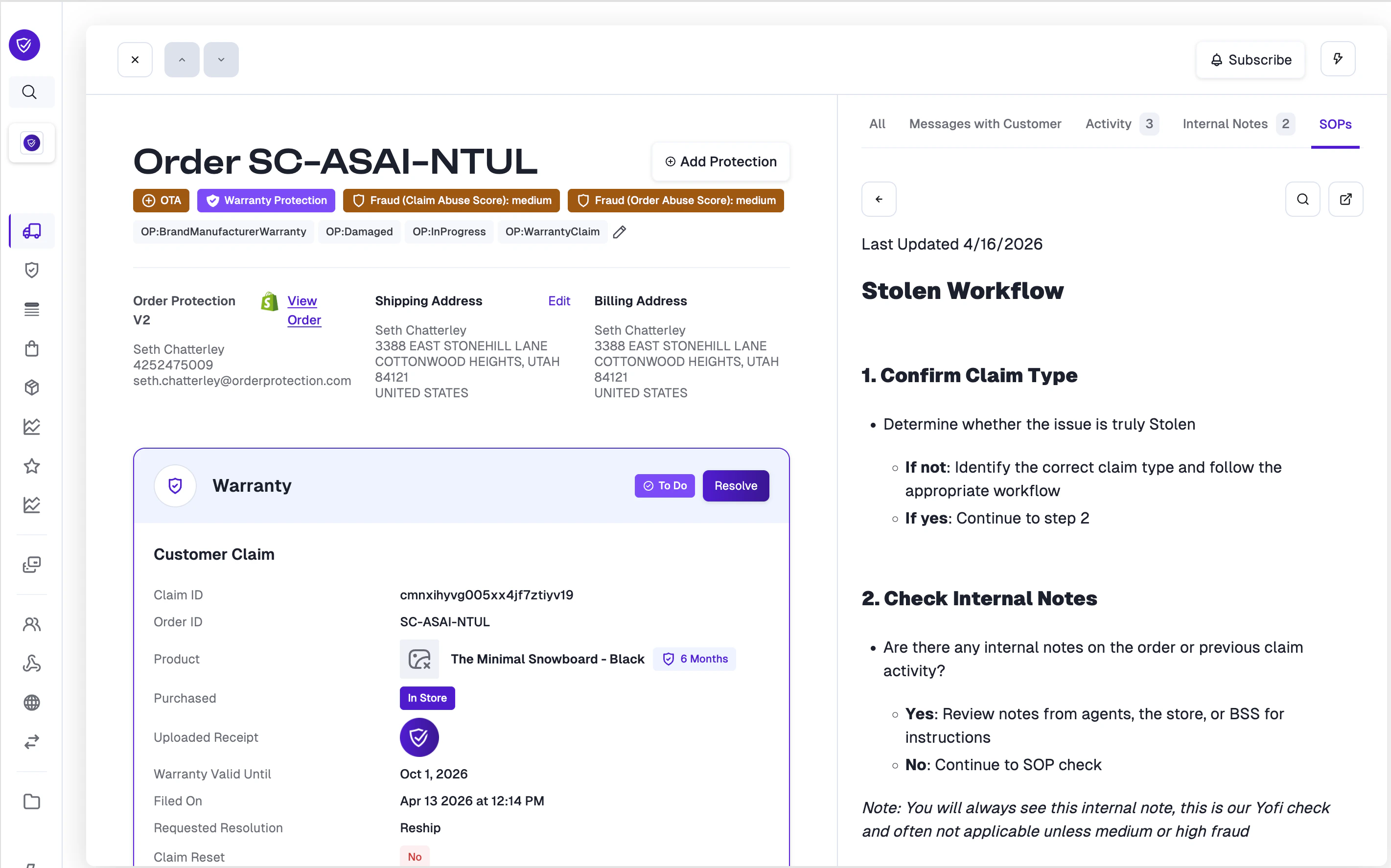 Full SOP content displayed on a claim page