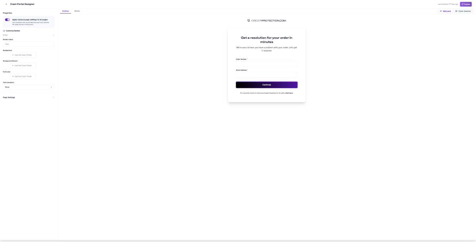 The Continue Button selected, showing its style properties