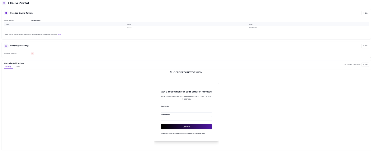 The Claim Portal settings page showing Branded Claims Domain, Concierge Branding, and the portal preview