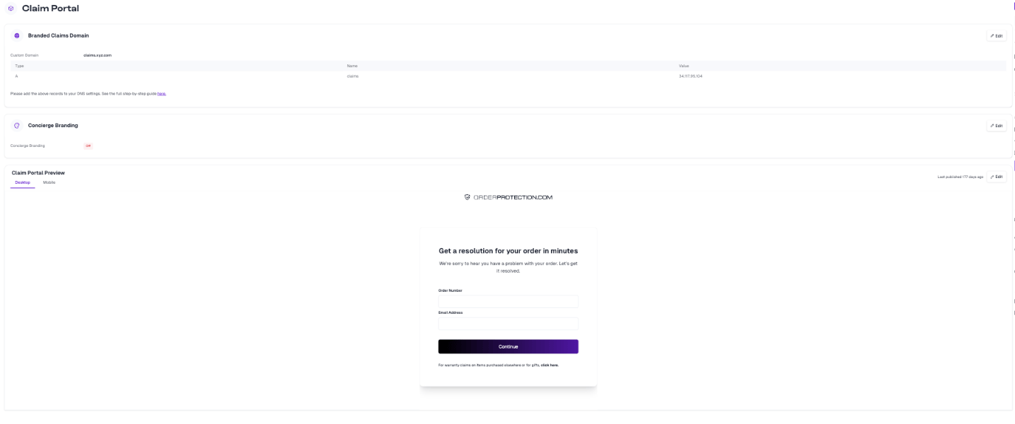 The Claim Portal settings page showing Branded Claims Domain, Concierge Branding, and the portal preview
