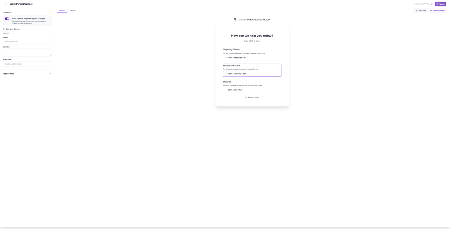 The Claim Selector page with the Warranty Claims block selected