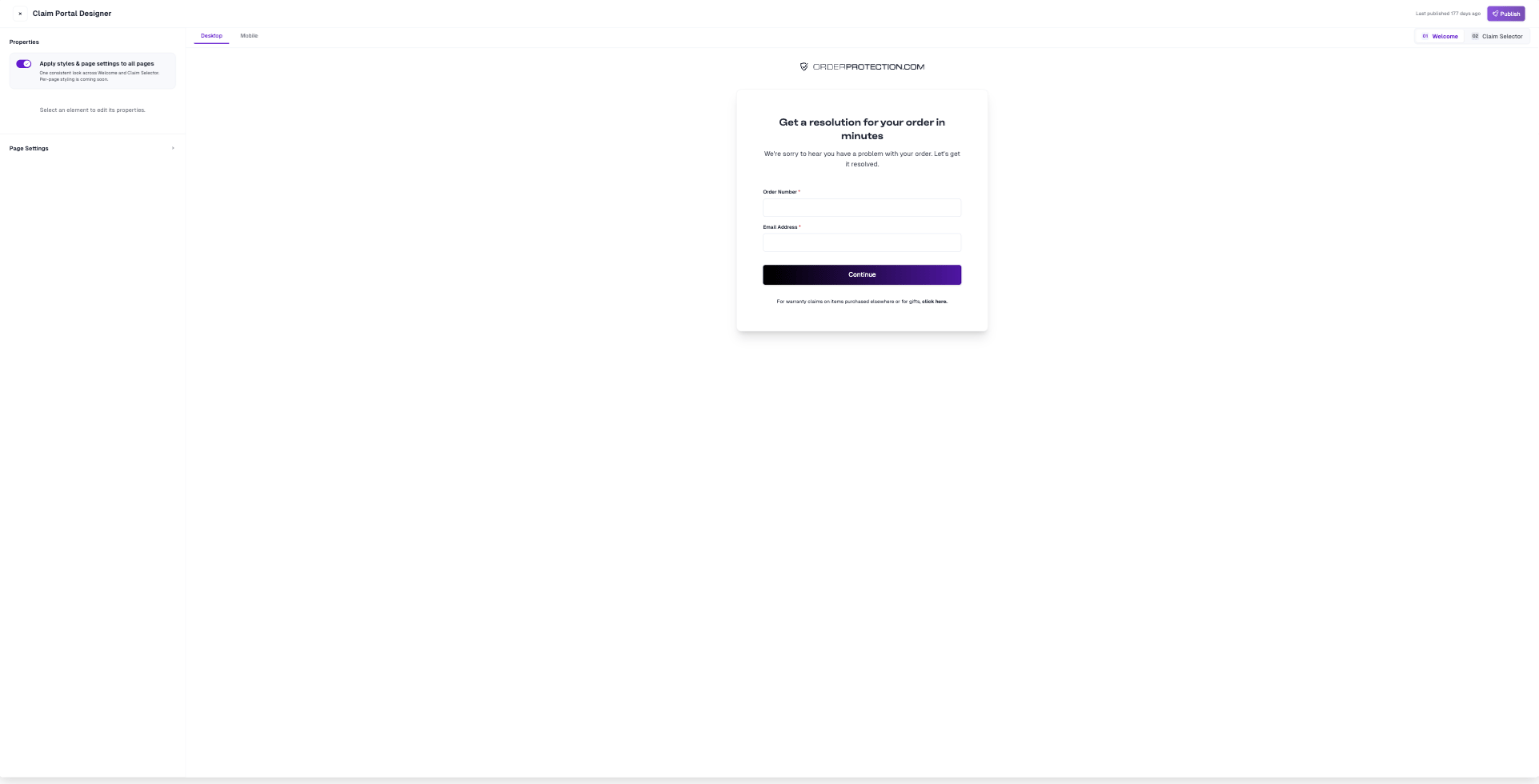 The Claim Portal Designer with nothing selected