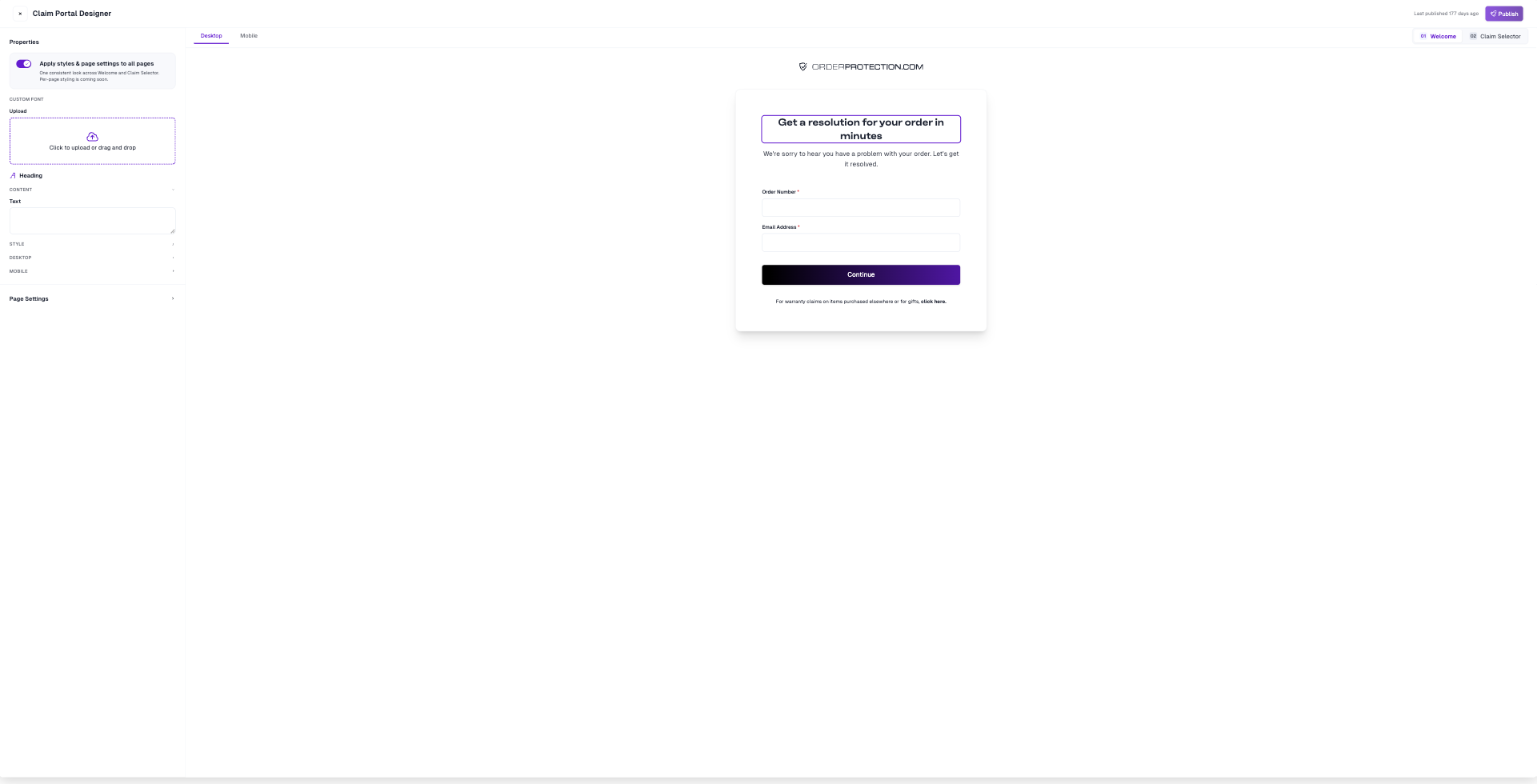 The heading element selected, showing its Content, Style, Desktop, and Mobile property groups
