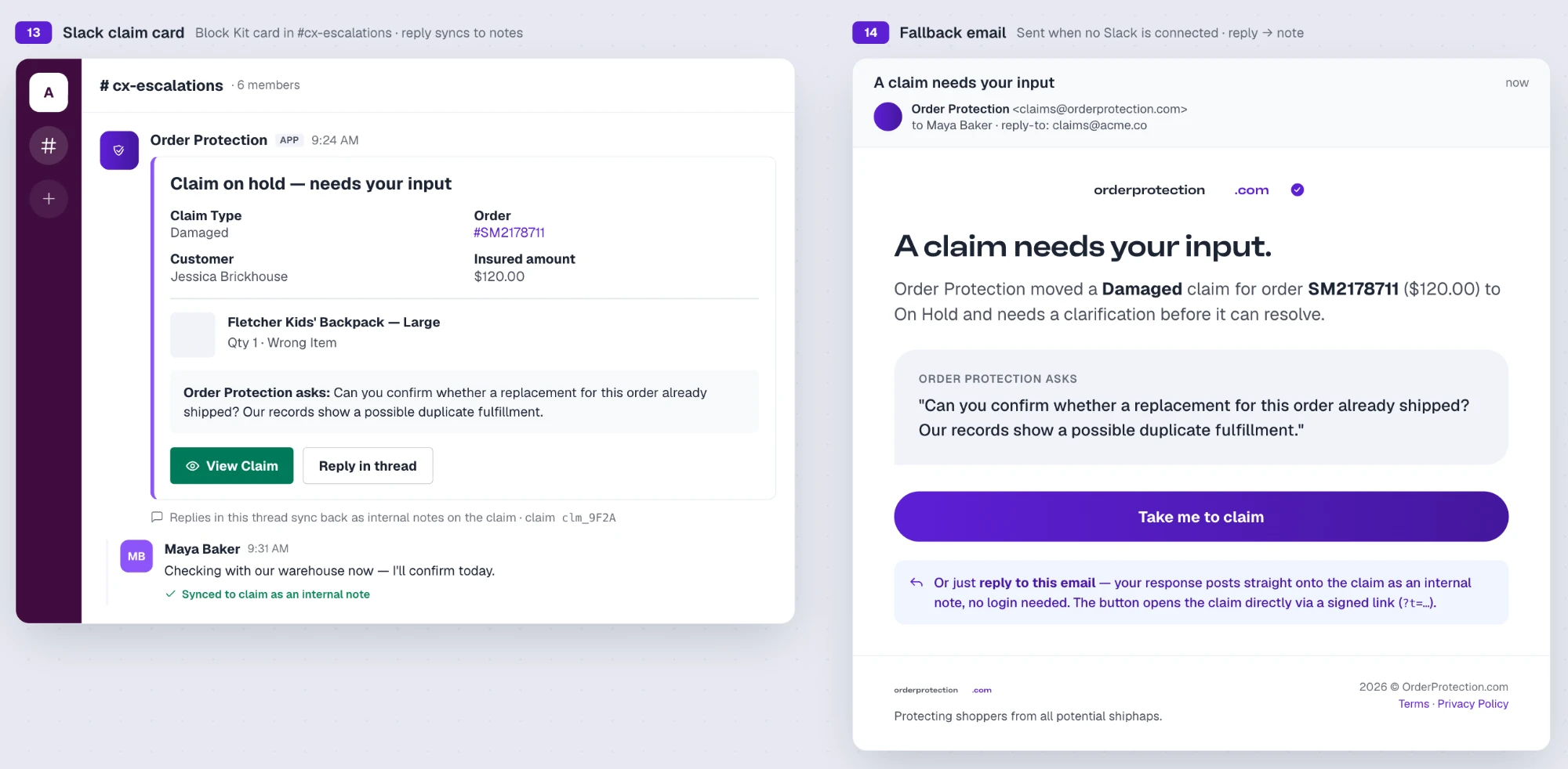 Slack claim card and fallback email for a claim on hold