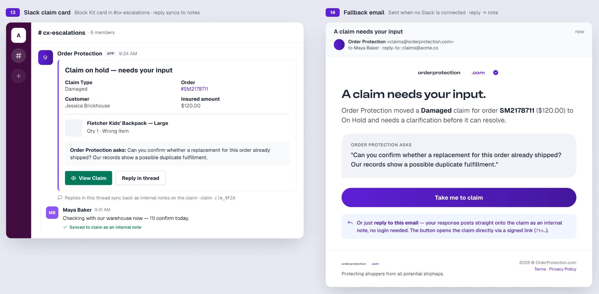 Slack claim card and fallback email for a claim on hold