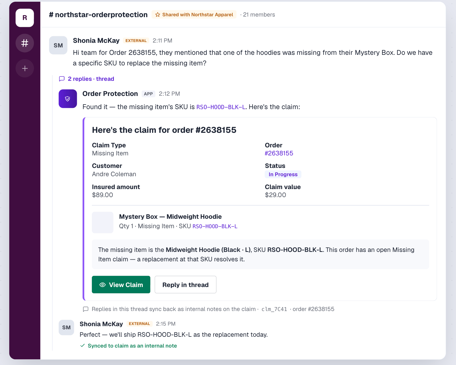 A brand asks about an order in Slack and Order Protection replies in thread with the claim card