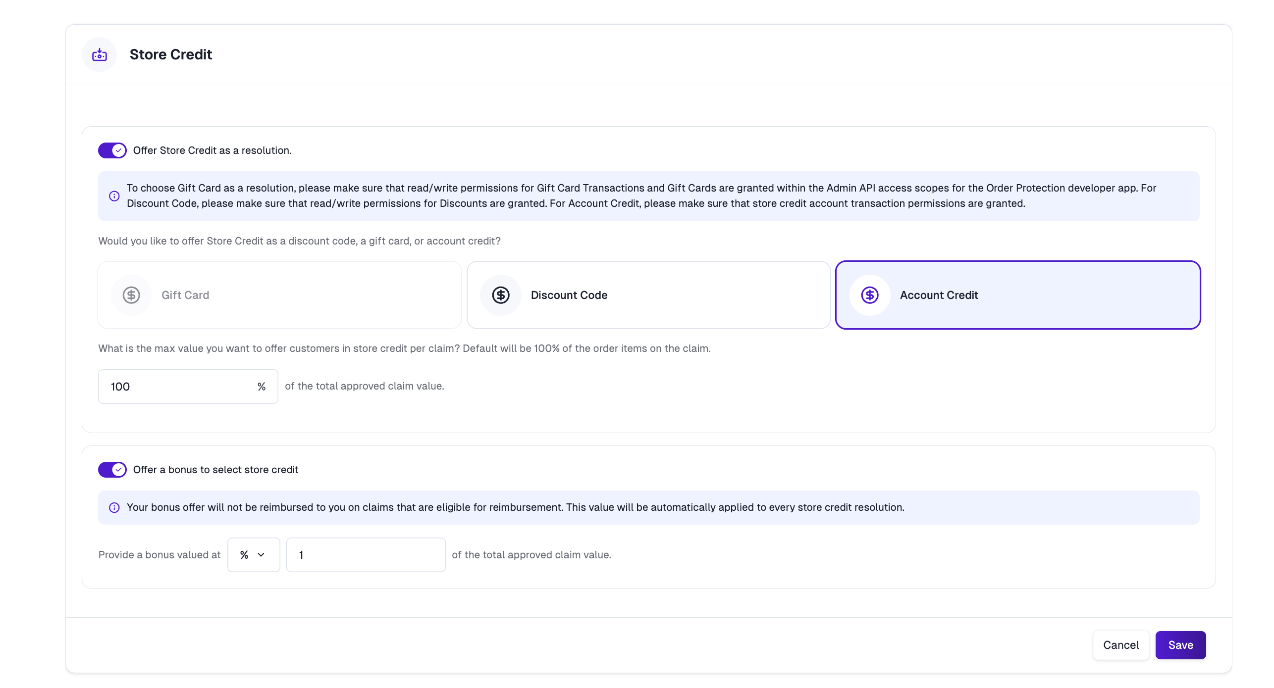 Store Credit settings panel
