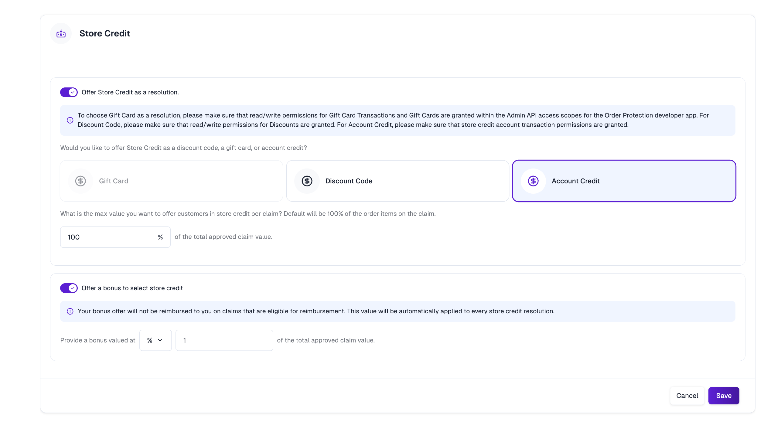 Store Credit settings panel