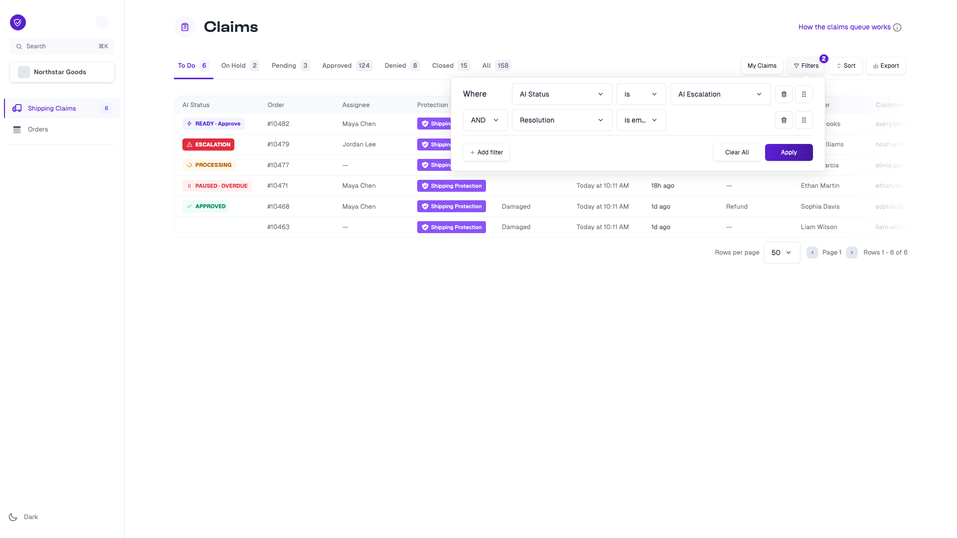 Claim queue filters for AI status and resolution