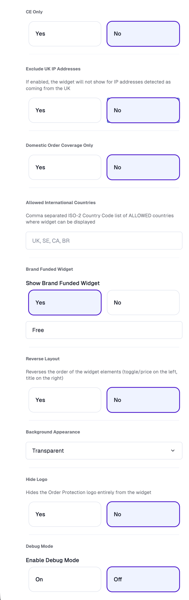 Admin Settings section of the checkout widget editor