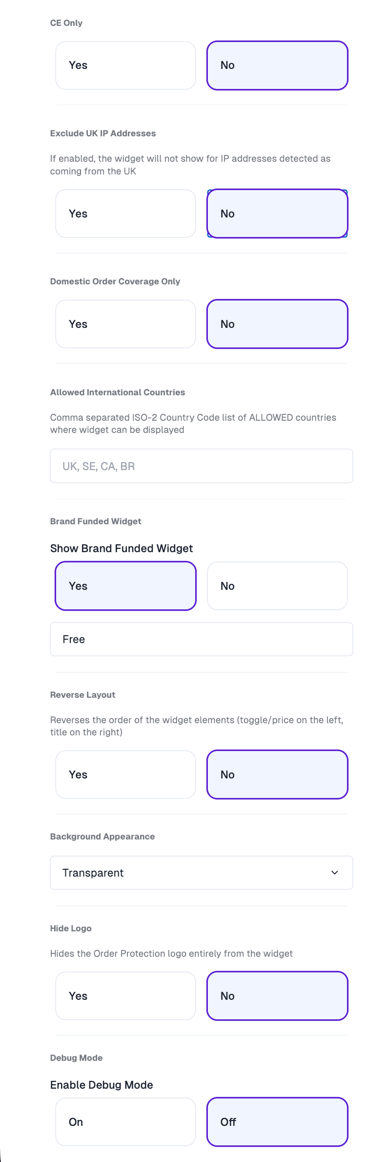Admin Settings section of the checkout widget editor