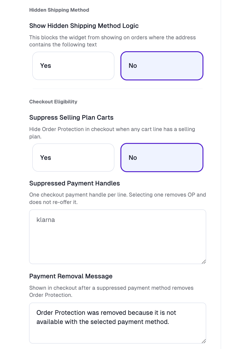 Hidden shipping method and checkout eligibility settings