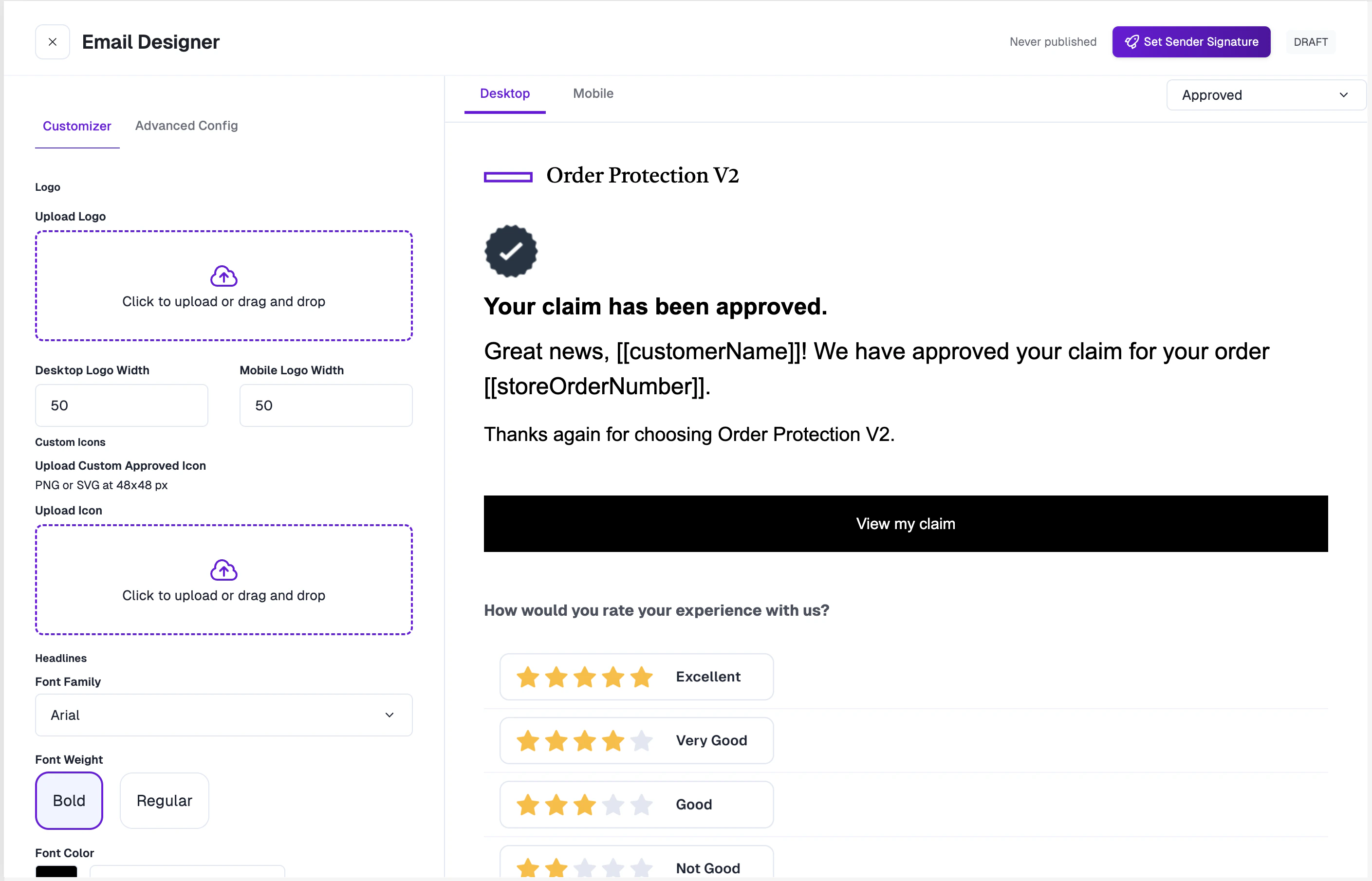 Email Designer editor with sidebar and live preview