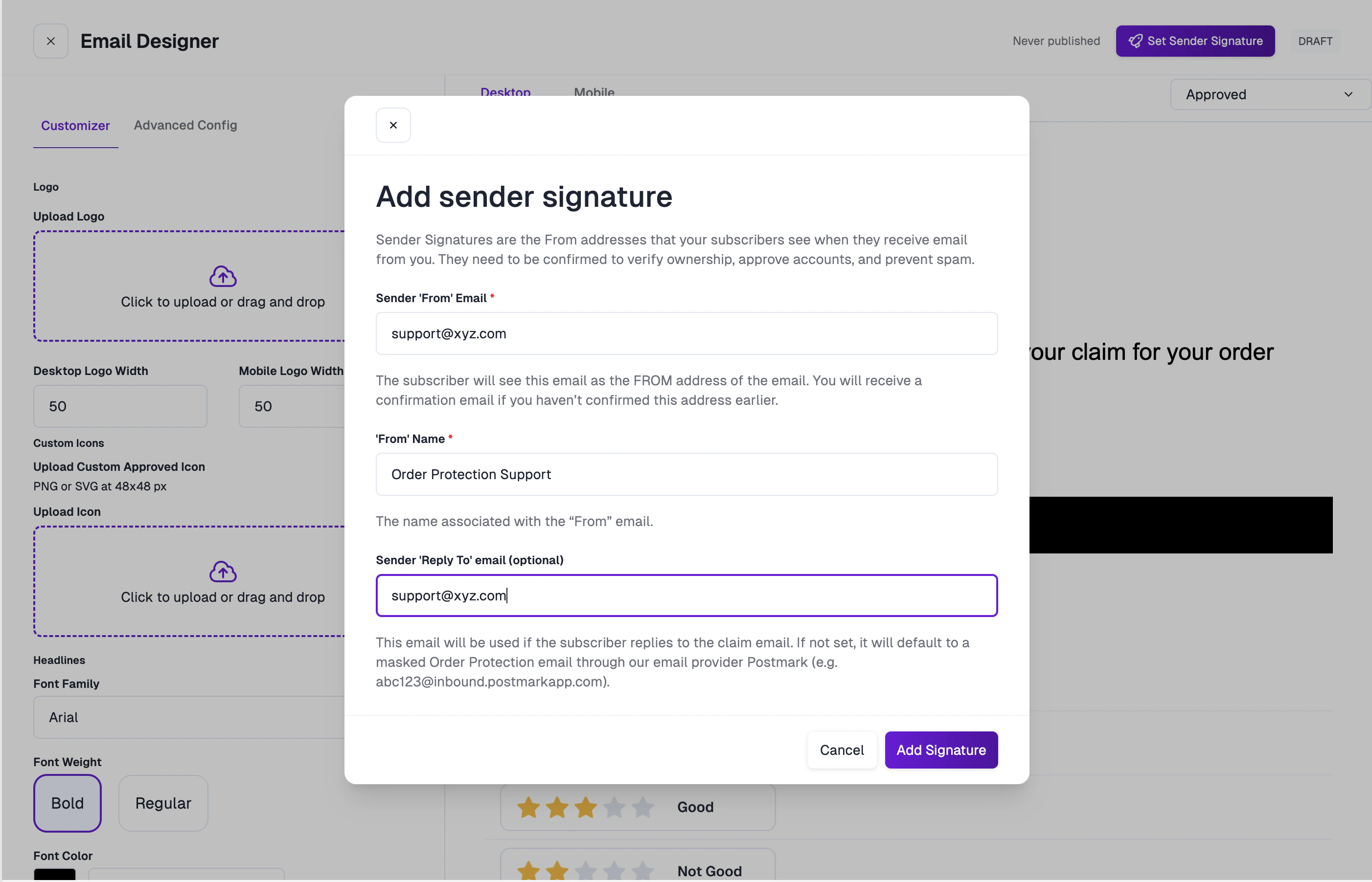 Add sender signature modal