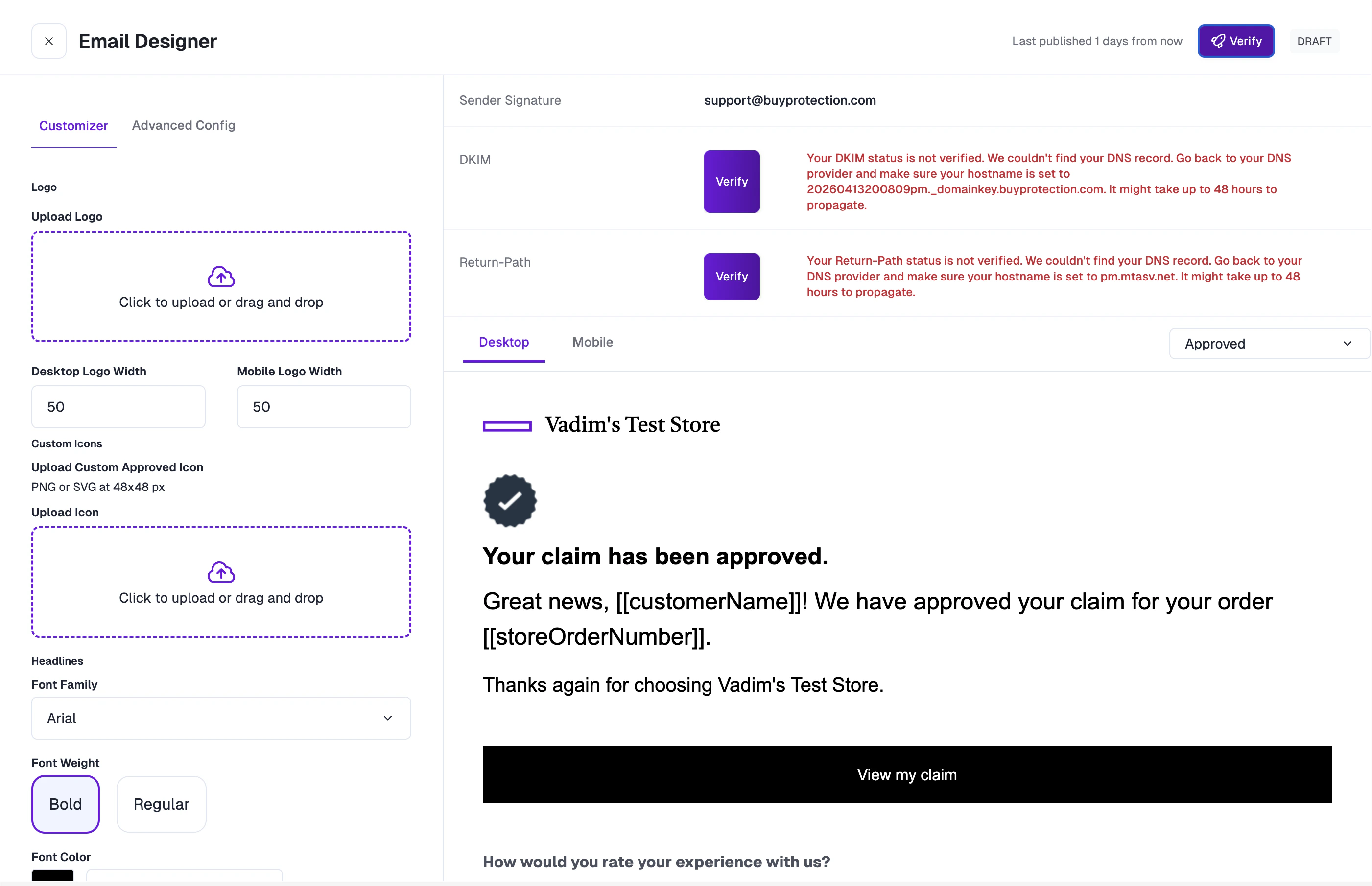 DKIM and Return-Path verification status