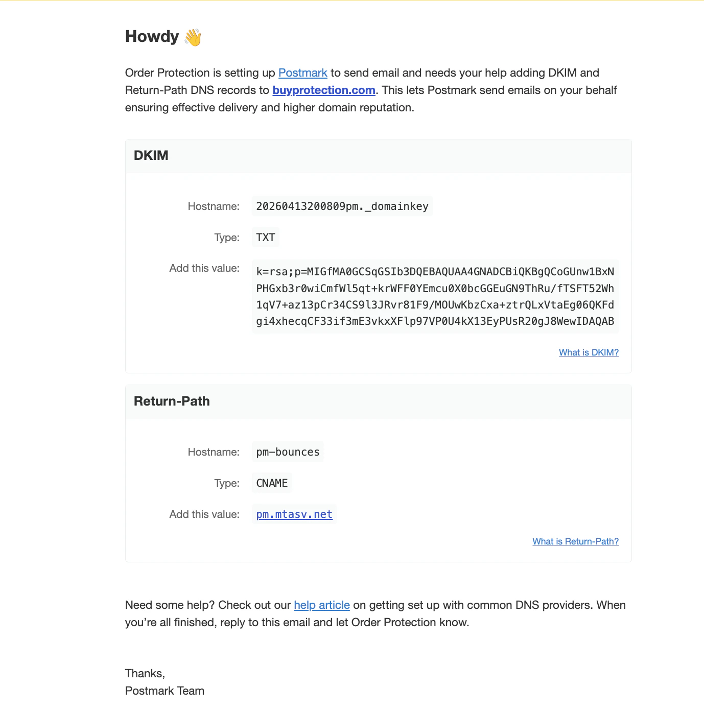 Postmark email with DKIM and Return-Path DNS records