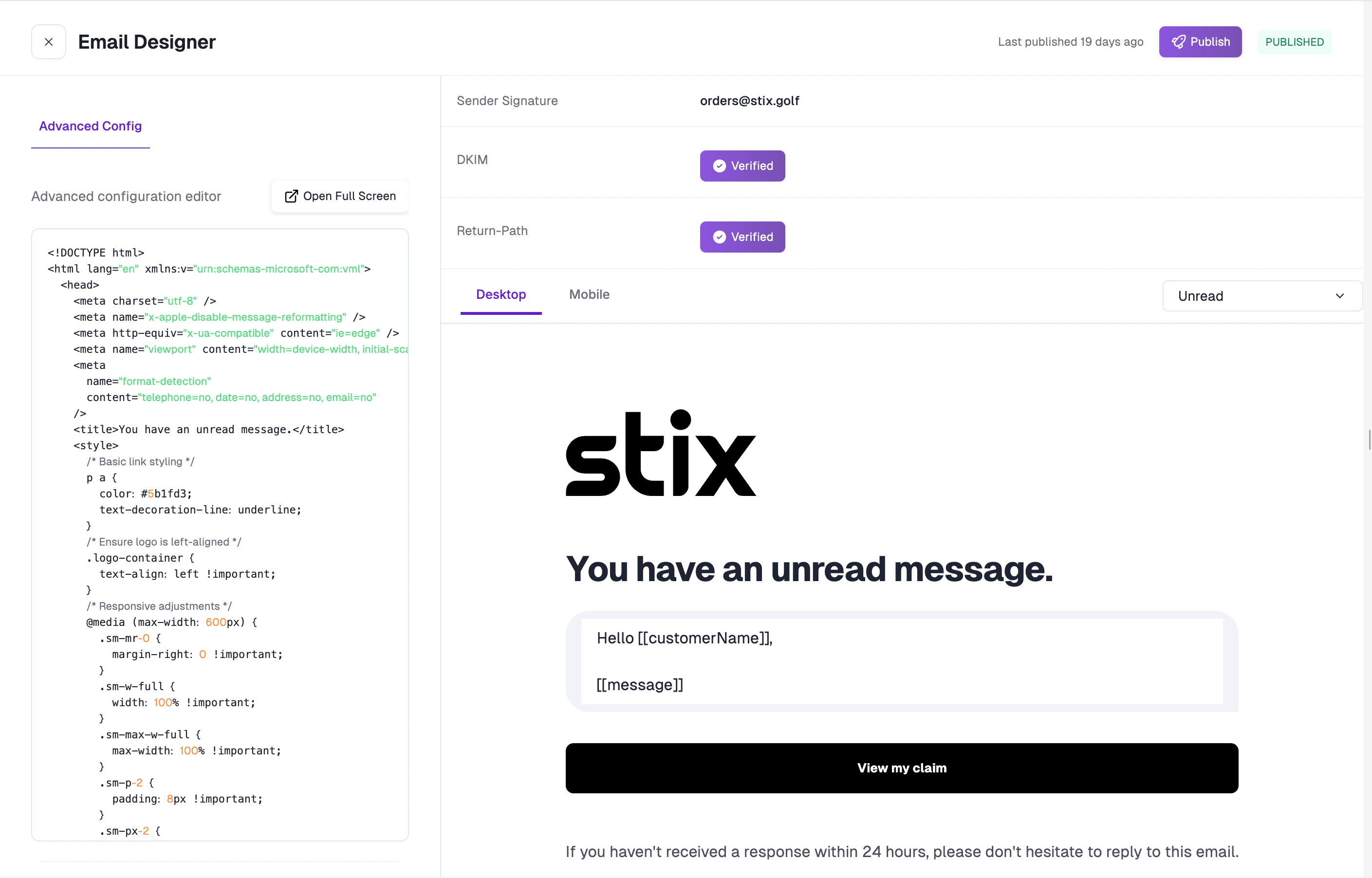 Advanced Config tab with custom HTML editor