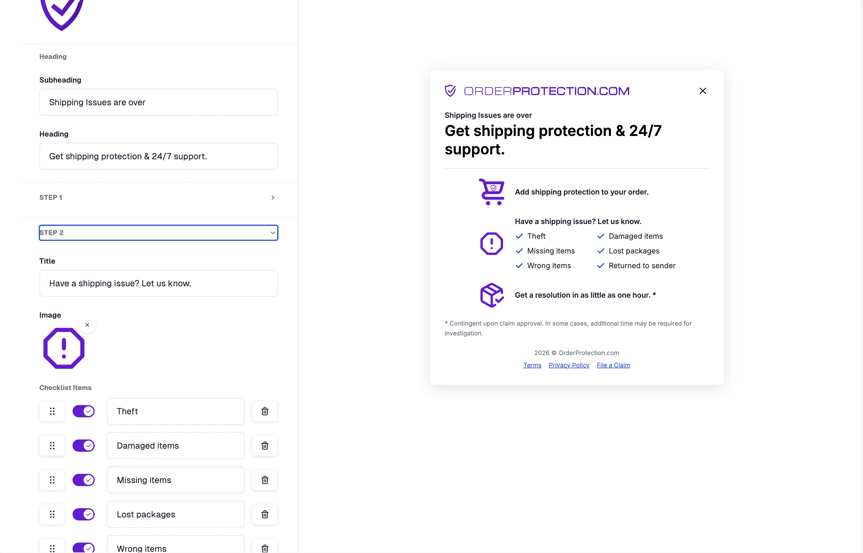 Info Modal Customizer showing step configuration and checklist items