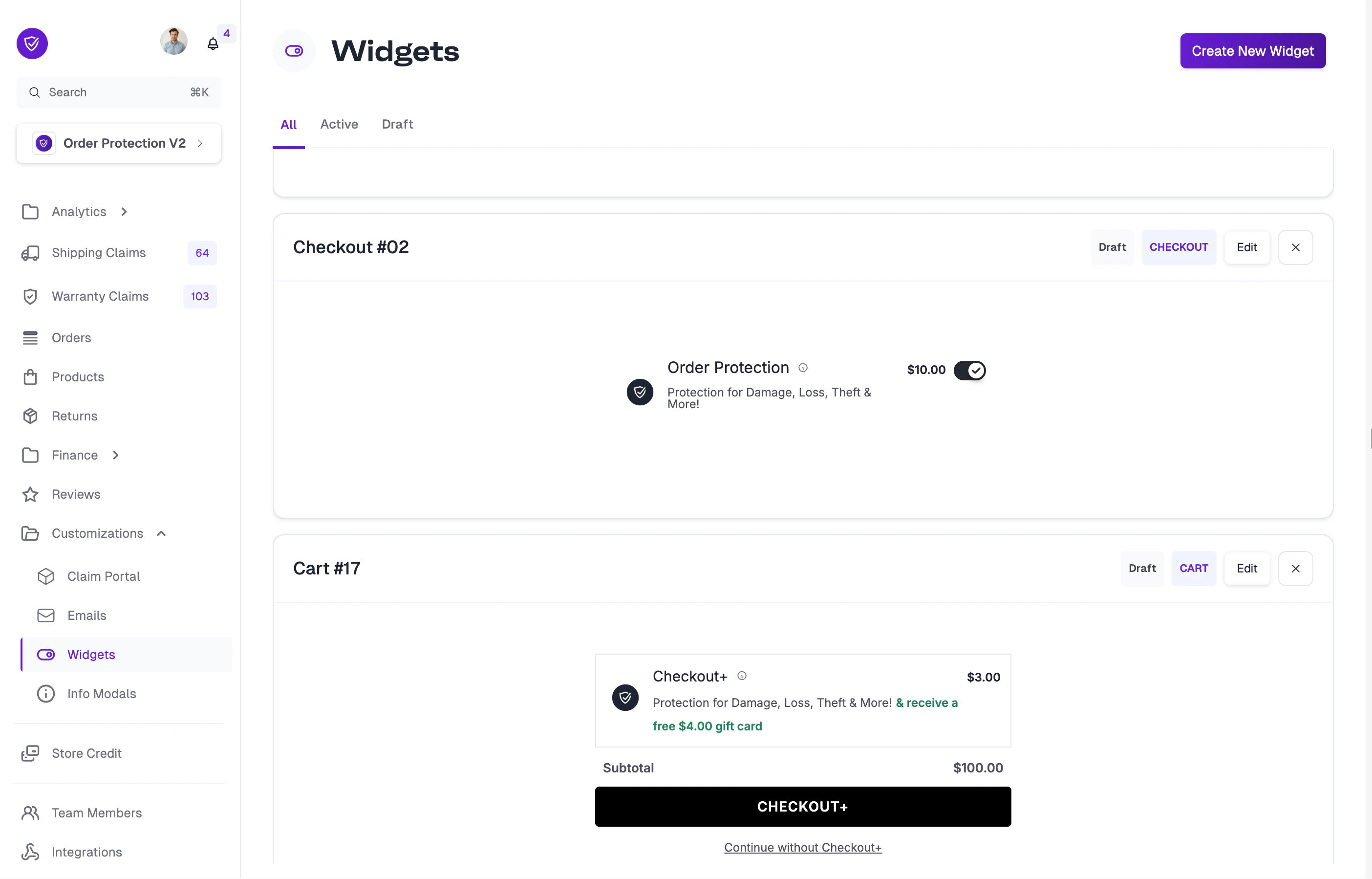 Widgets landing page showing cart and checkout widgets