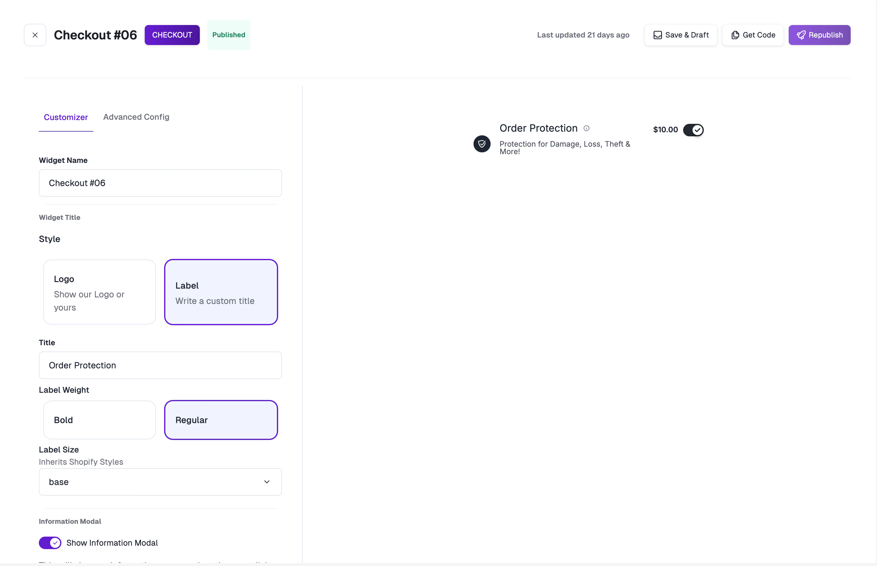 Checkout widget editor with Customizer sidebar and live preview