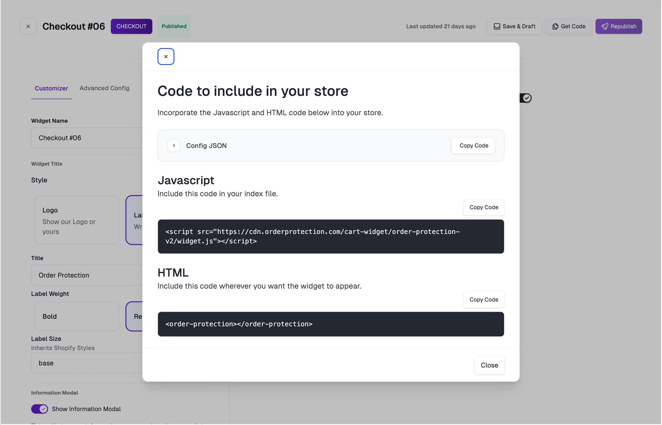Get Code modal showing Config JSON, JavaScript, and HTML snippets
