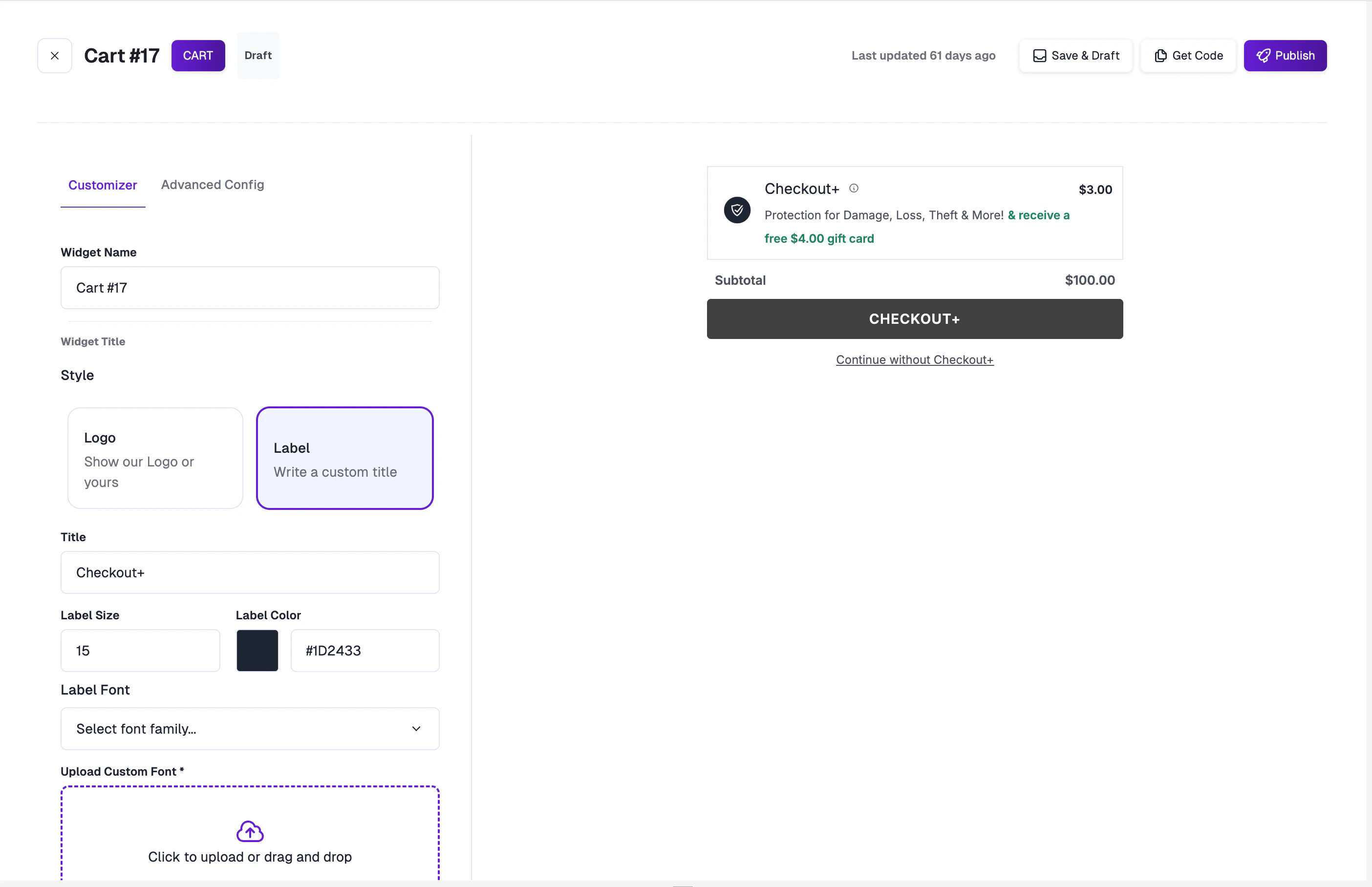 Cart widget editor with Customizer sidebar and live preview