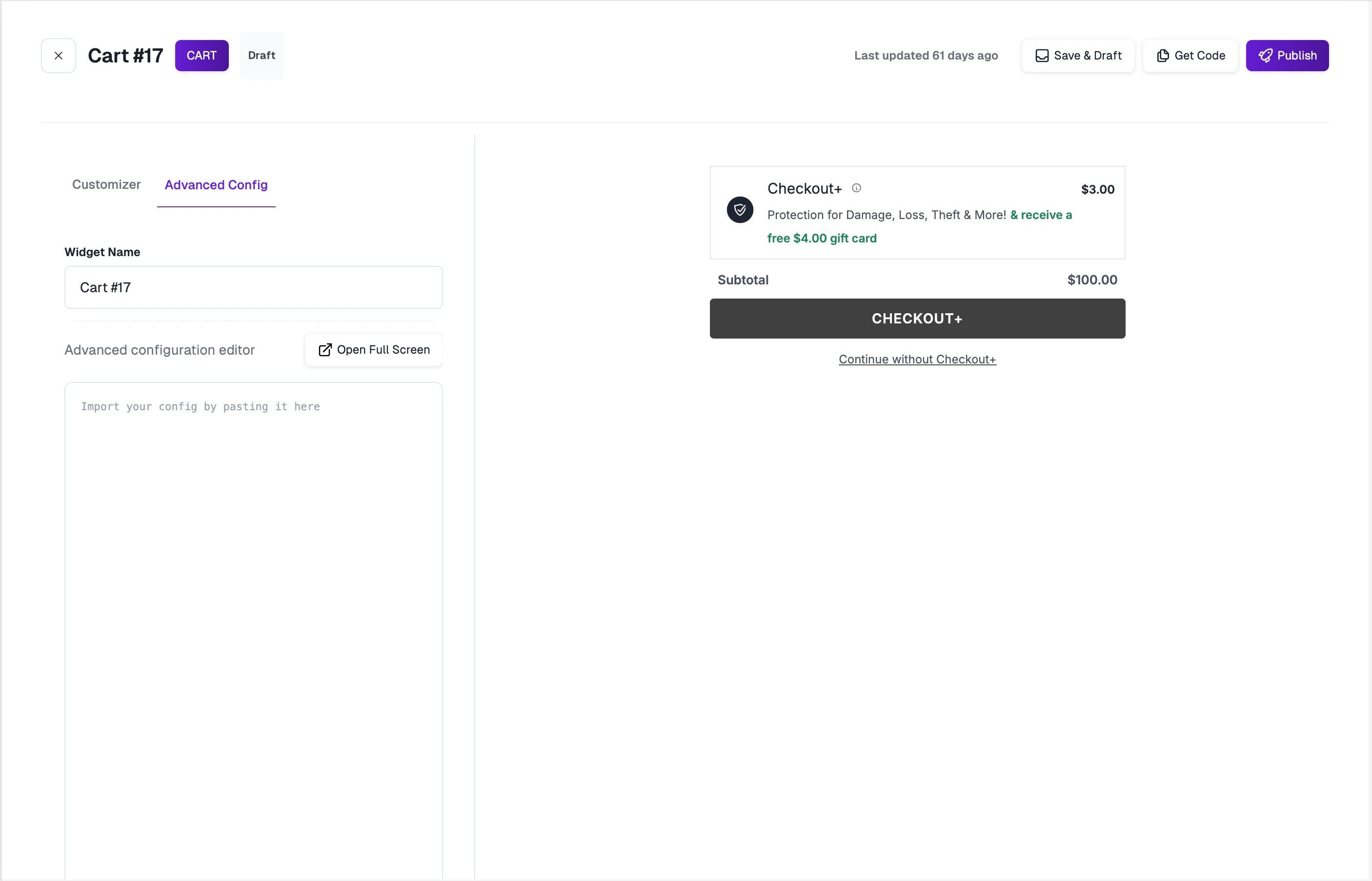 Advanced Config tab with JSON editor for cart widgets